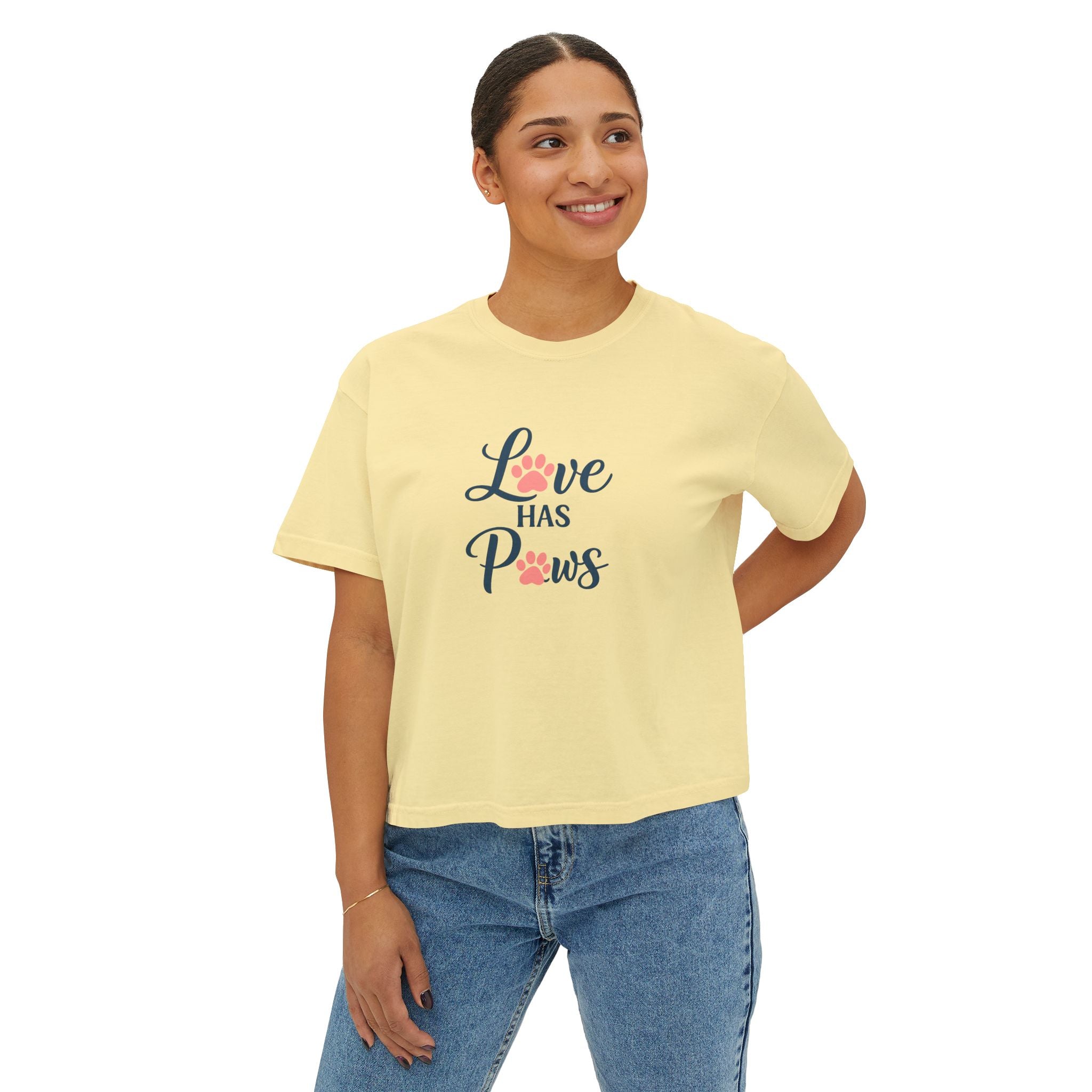Love Has Paws Boxy Tee — Women’s Cute Cat & Dog Paw Comfort Colors Graphic Shirt
