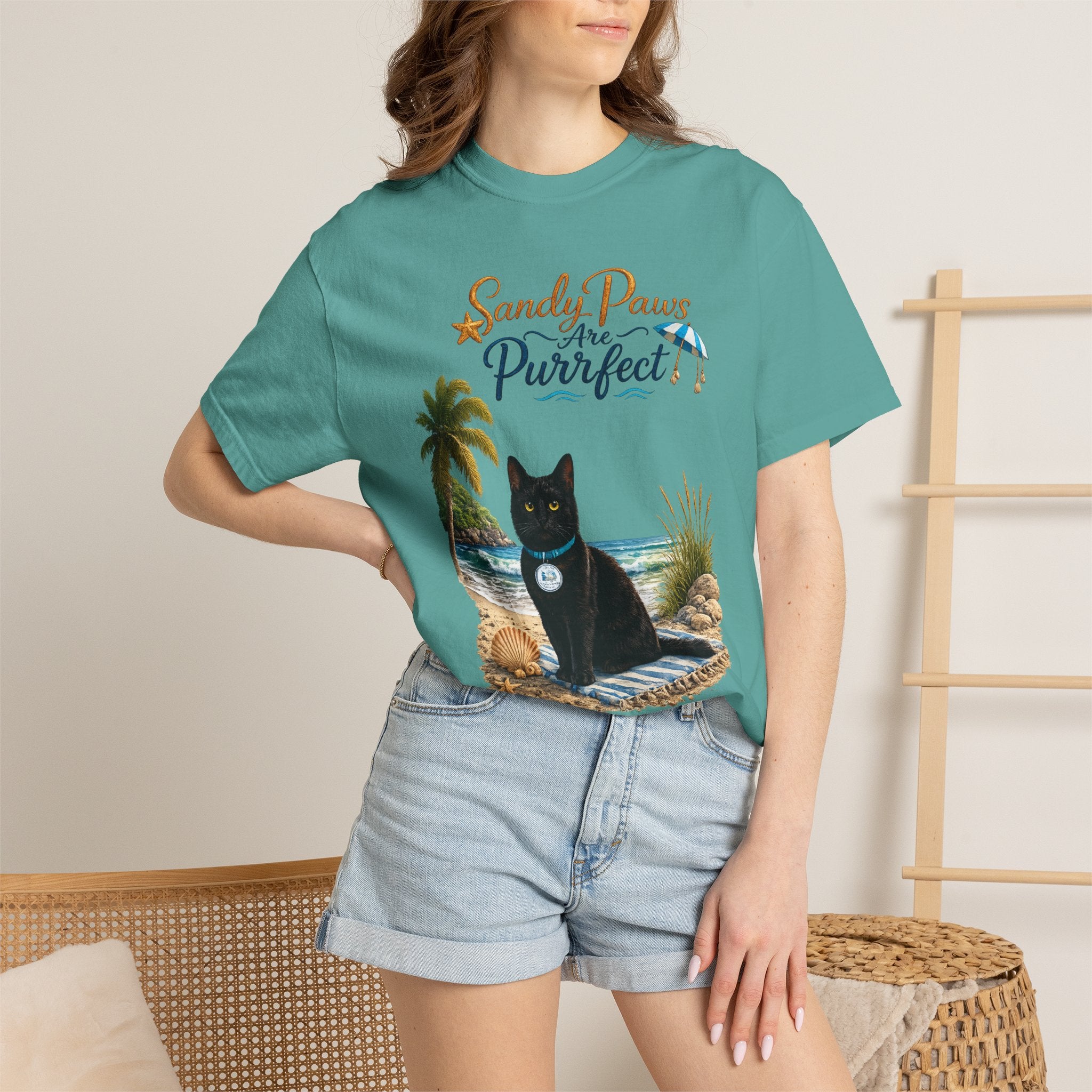 Sandy Paws Are Purrfect - Comfort Colors Unisex Garment Dyed Cat Beach T-Shirt