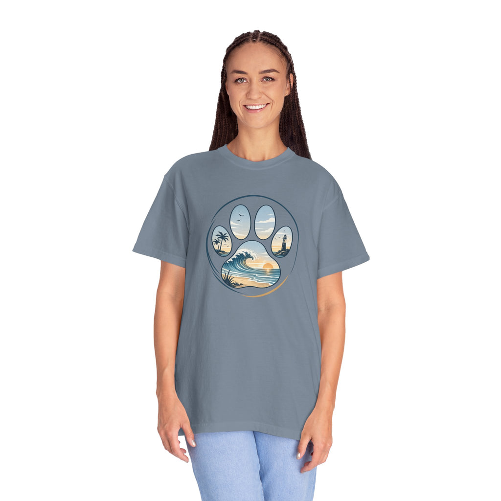 Ocean Paw Surf T-Shirt — Beach Sunset Paw Print Tee