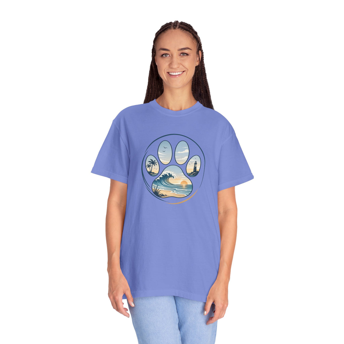 Ocean Paw Surf T-Shirt — Beach Sunset Paw Print Tee