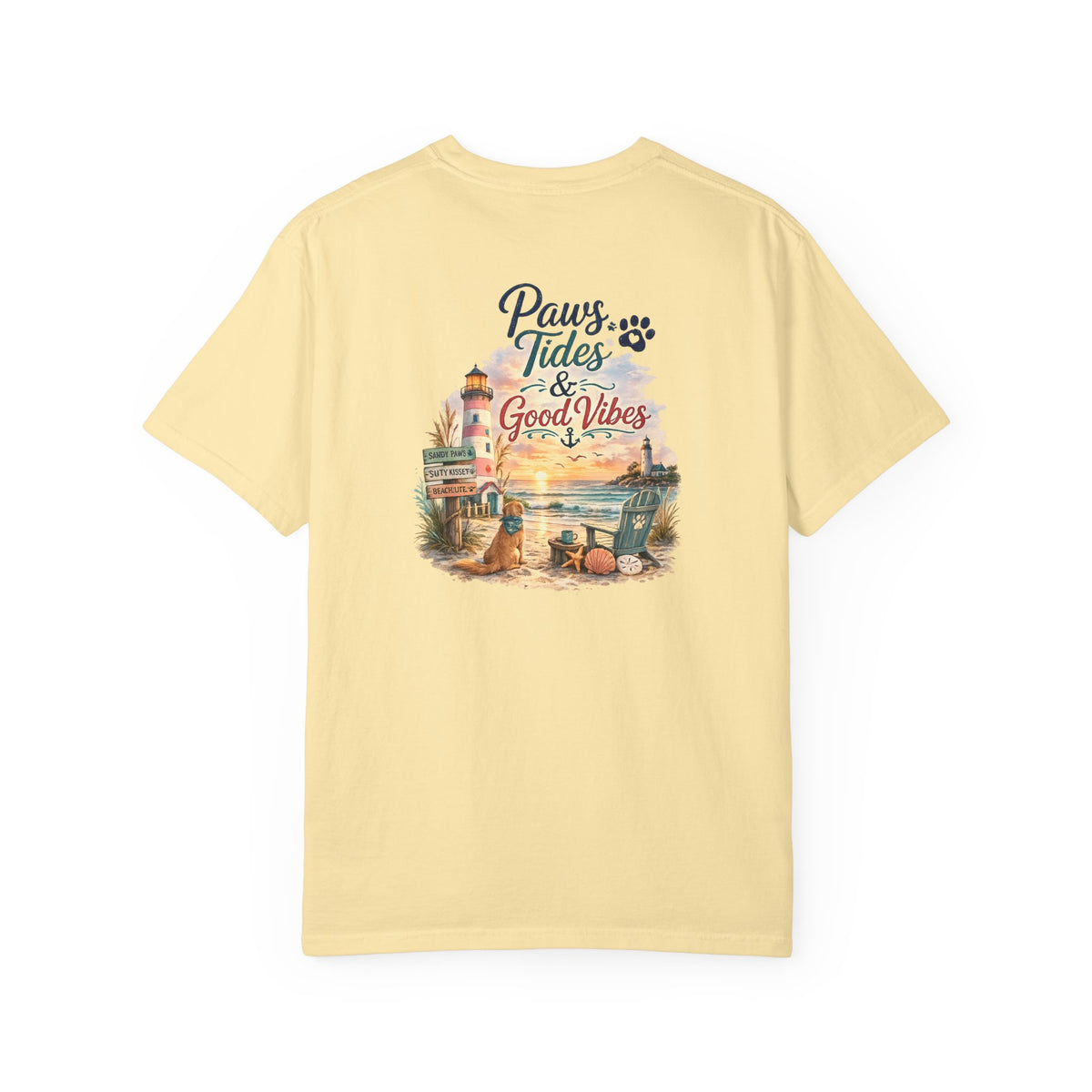 Paws Tides & Good Vibes T-Shirt | Beach Dog Paw Print Coastal Scene