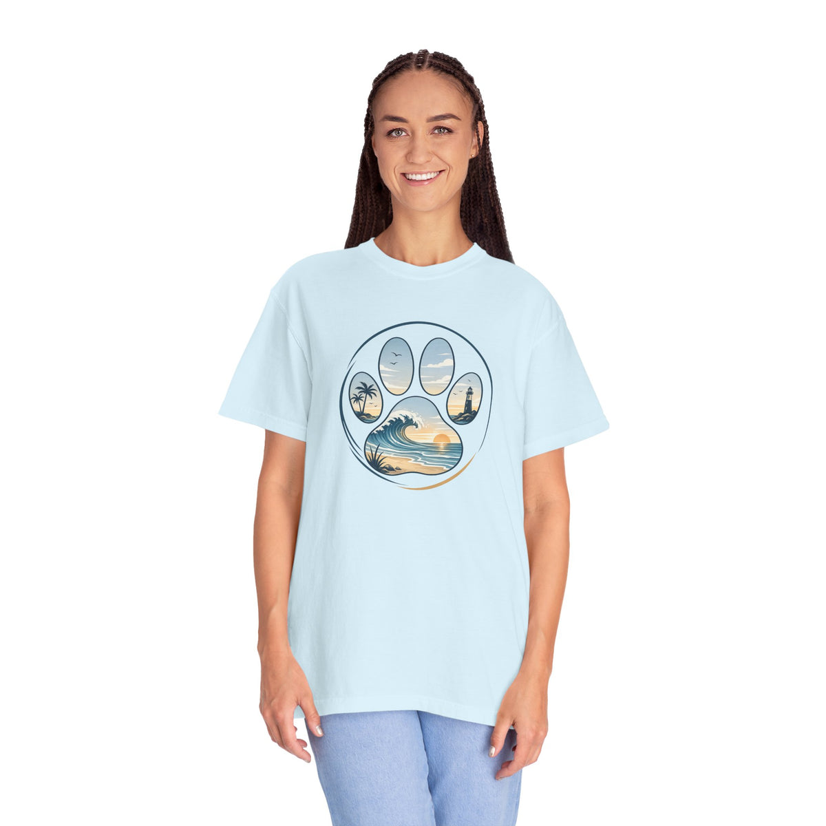 Ocean Paw Surf T-Shirt — Beach Sunset Paw Print Tee