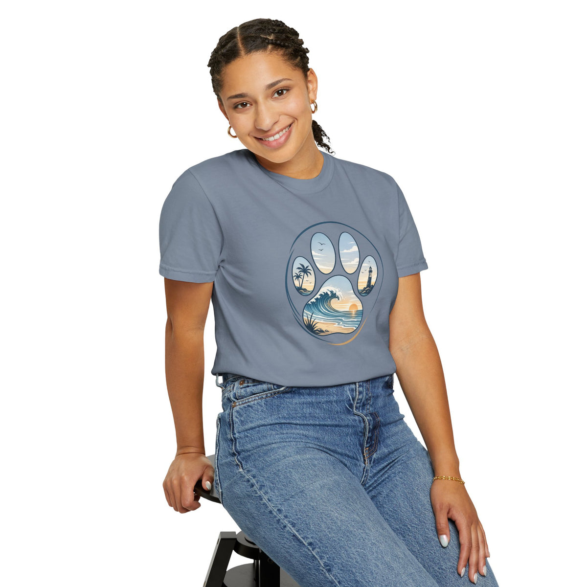 Ocean Paw Surf T-Shirt — Beach Sunset Paw Print Tee