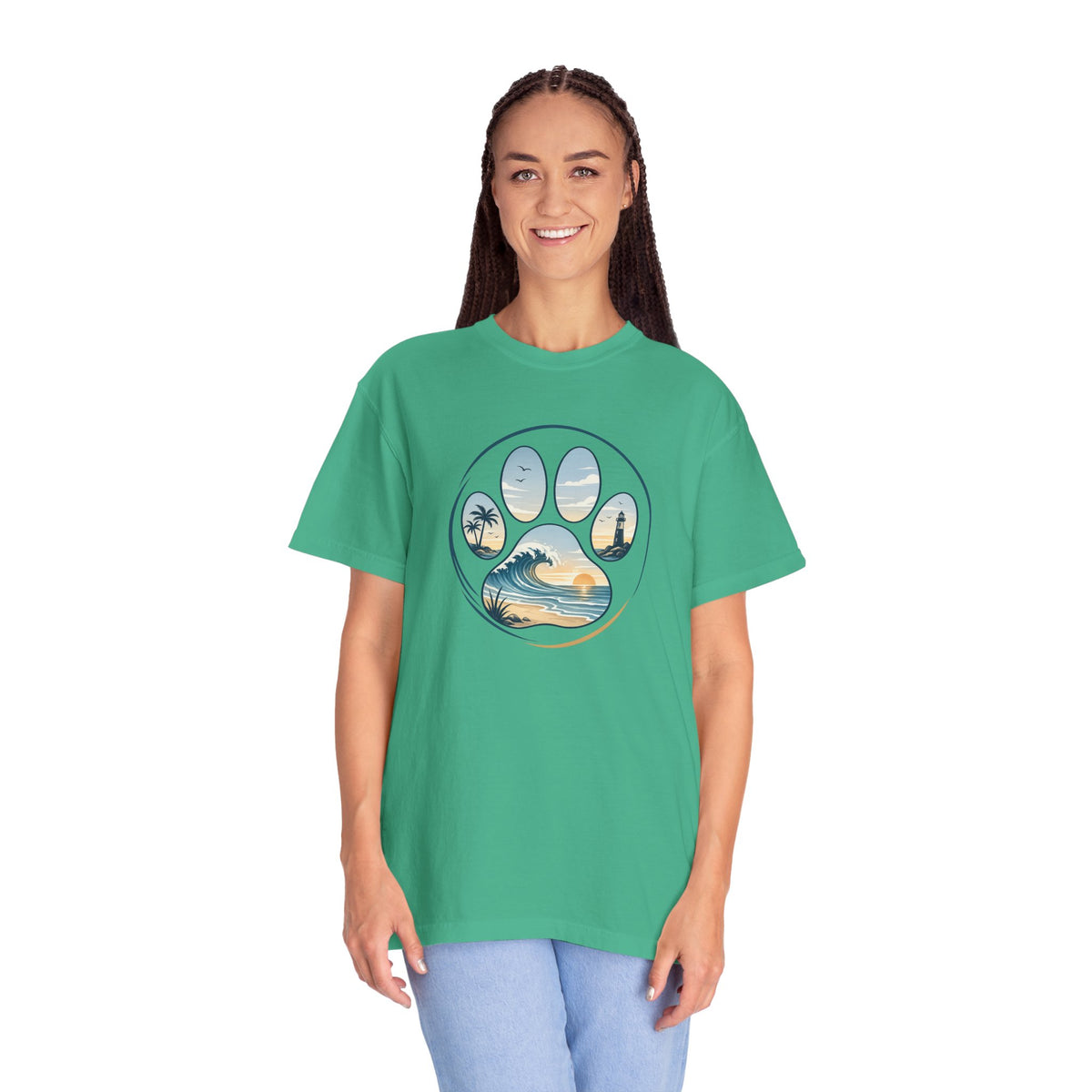 Ocean Paw Surf T-Shirt — Beach Sunset Paw Print Tee