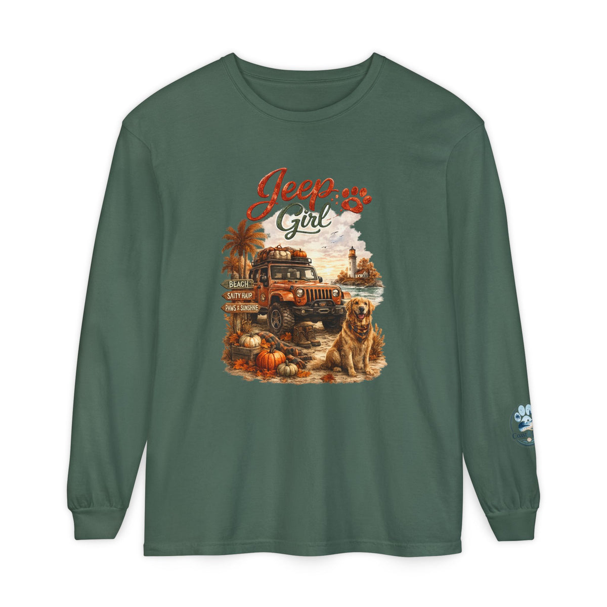 Jeep Girl Long Sleeve Tee — Fall Adventure Pumpkins & Dog Graphic