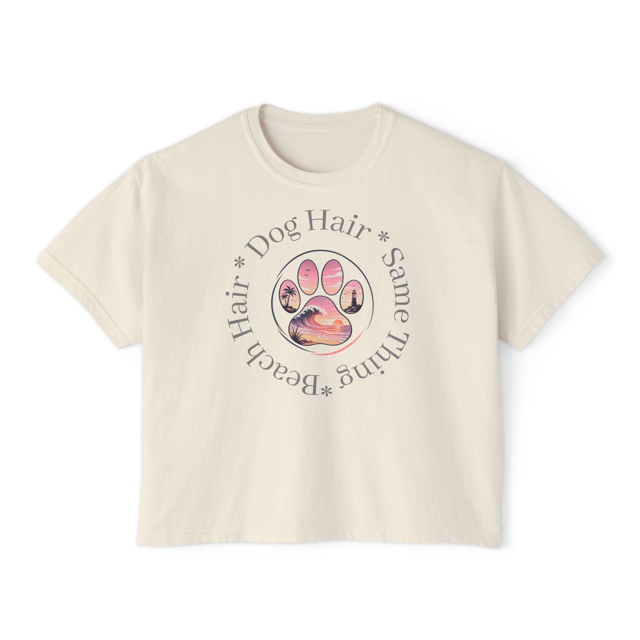 Boxy Tee "Beach Hair, Dog Hair, Same Thing" Paw Graphic