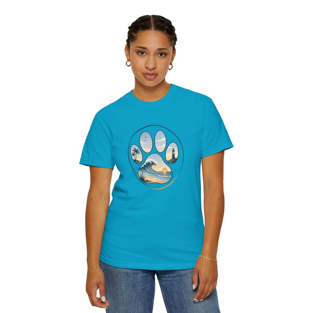 Ocean Paw Surf T-Shirt — Beach Sunset Paw Print Tee