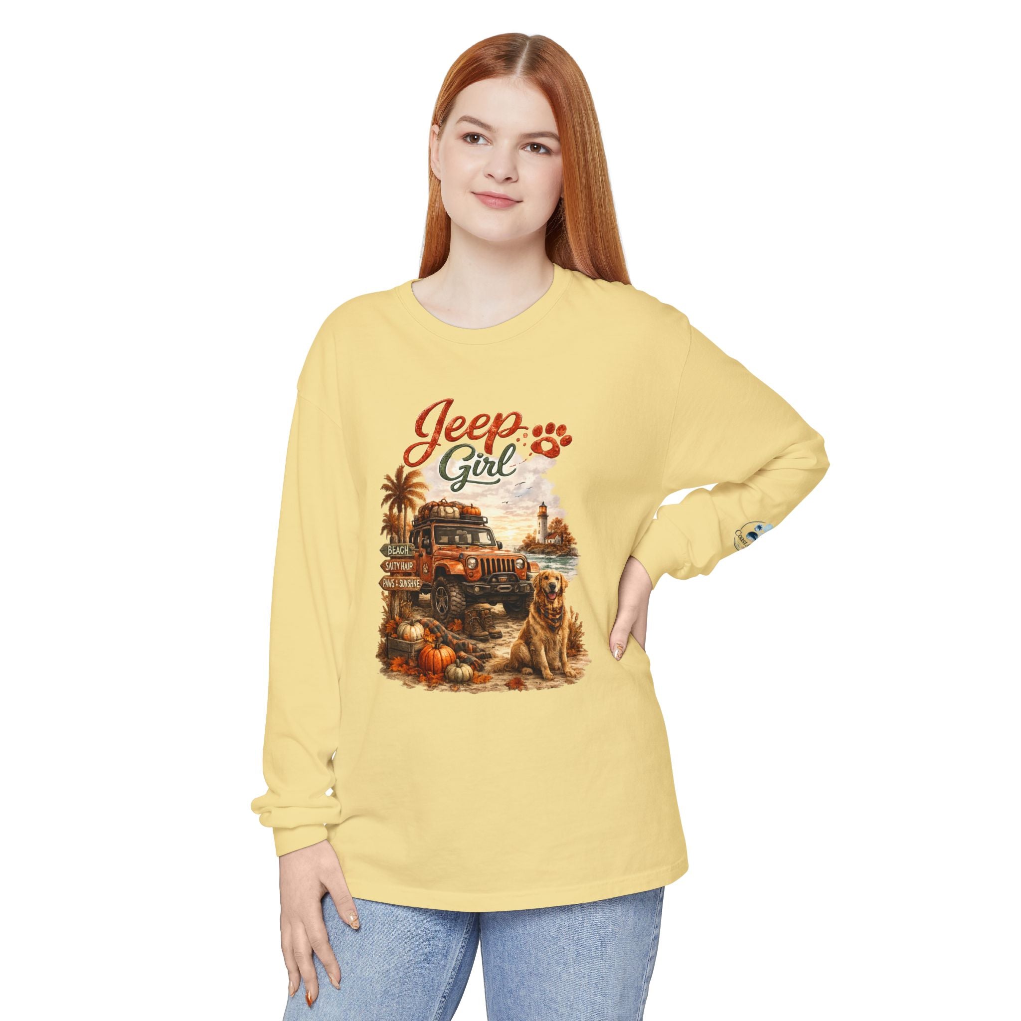 Jeep Girl Long Sleeve Tee — Fall Adventure Pumpkins & Dog Graphic