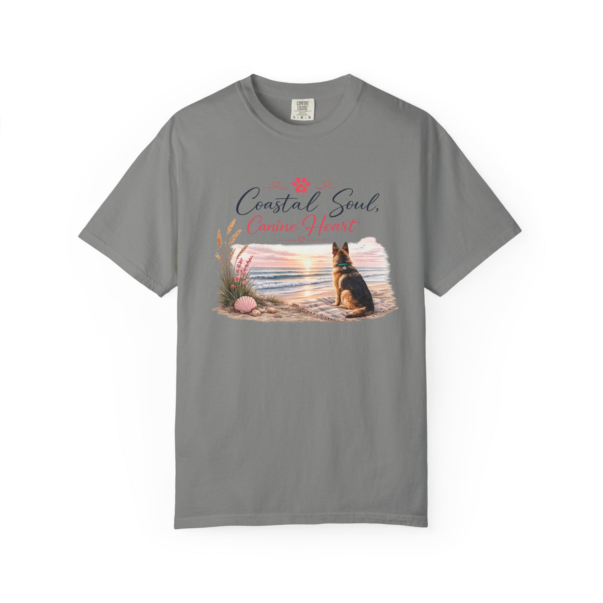 Coastal Soul Canine Heart T-shirt | Beach Dog Sunset Design