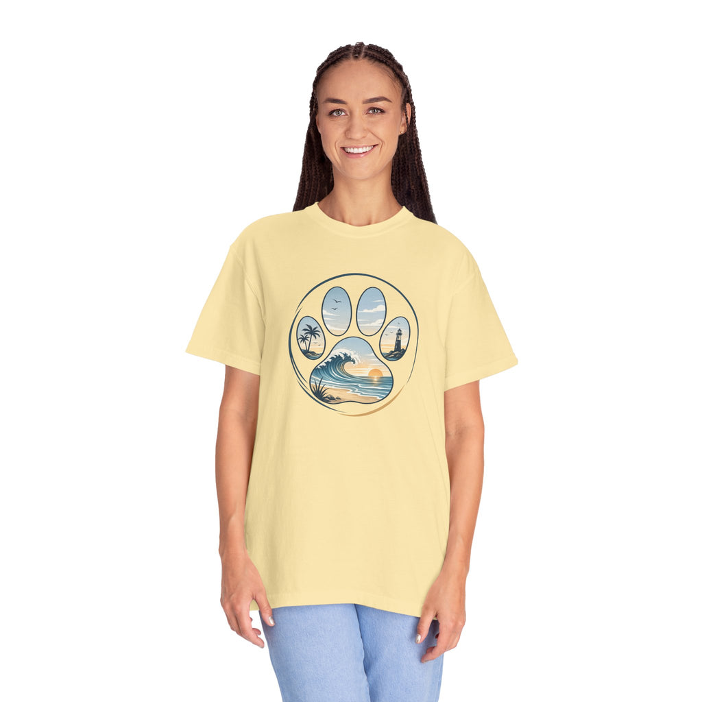 Ocean Paw Surf T-Shirt — Beach Sunset Paw Print Tee