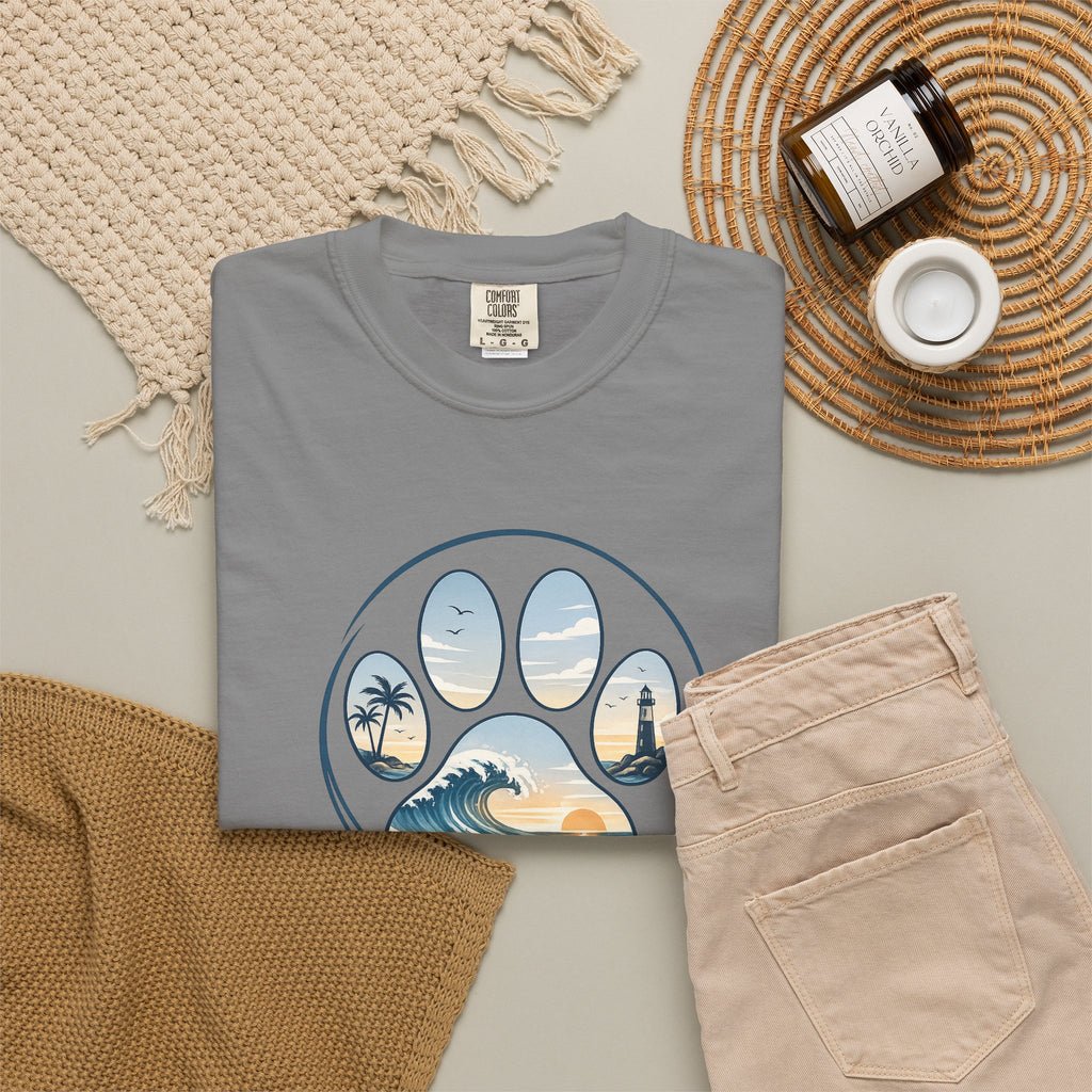 Ocean Paw Surf T-Shirt — Beach Sunset Paw Print Tee