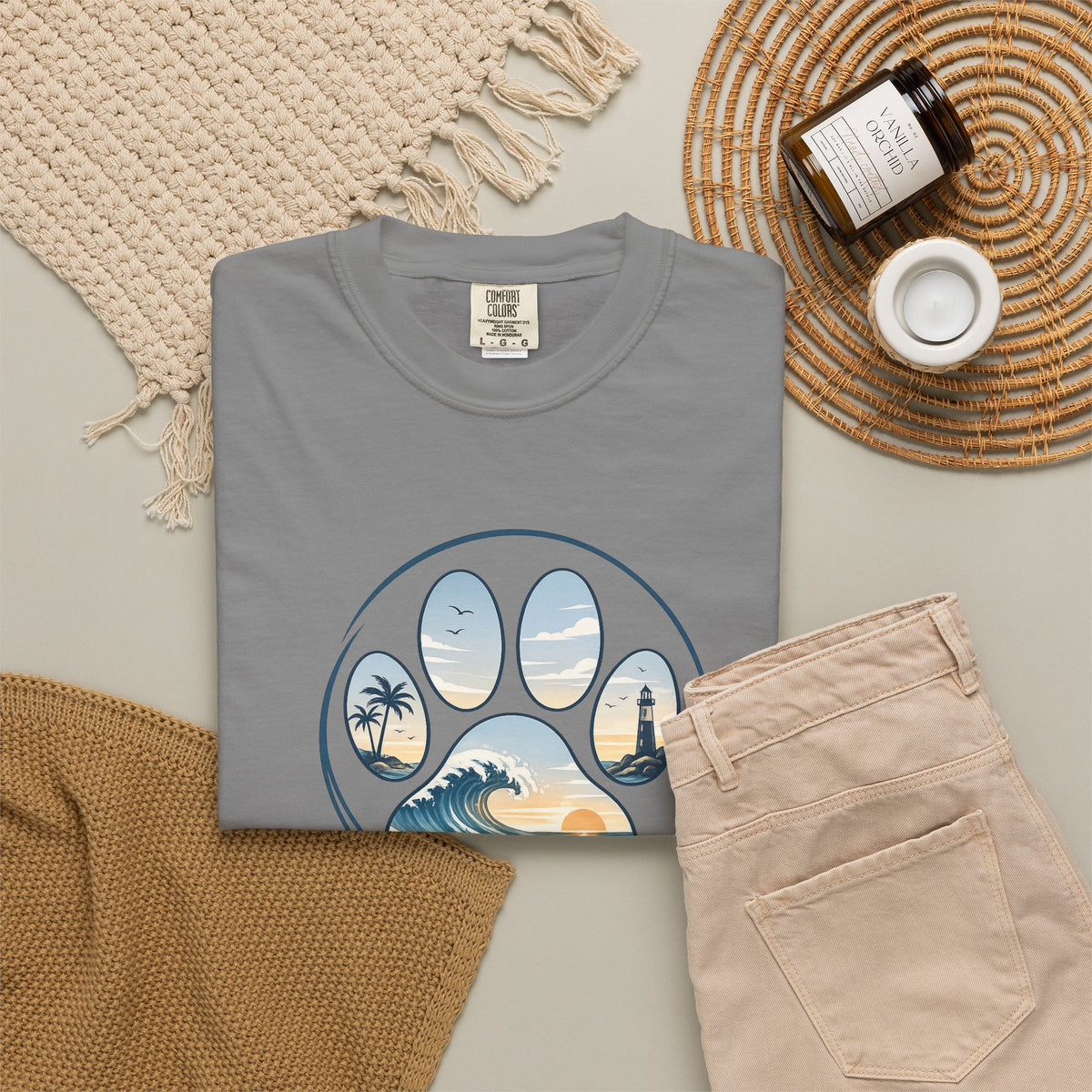 Ocean Paw Surf T-Shirt — Beach Sunset Paw Print Tee