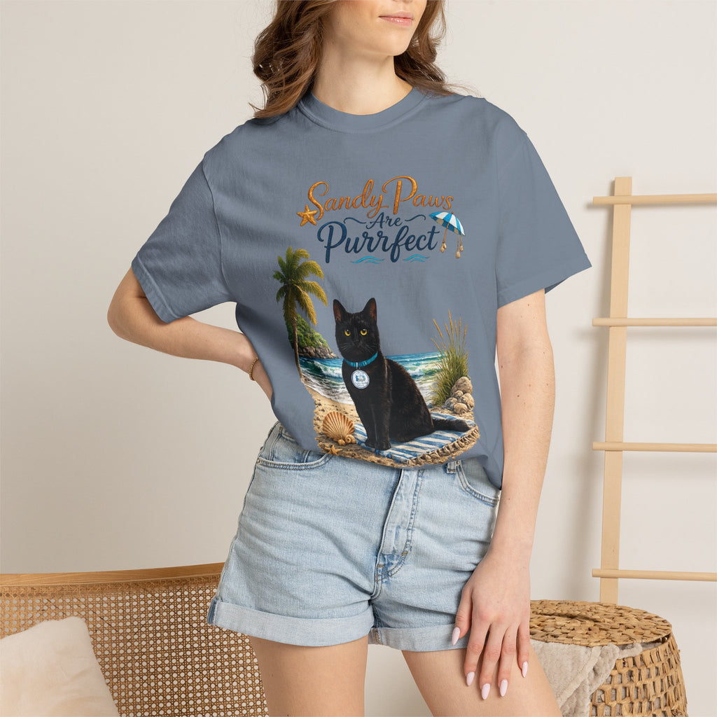 Sandy Paws Are Purrfect - Comfort Colors Unisex Garment Dyed Cat Beach T-Shirt