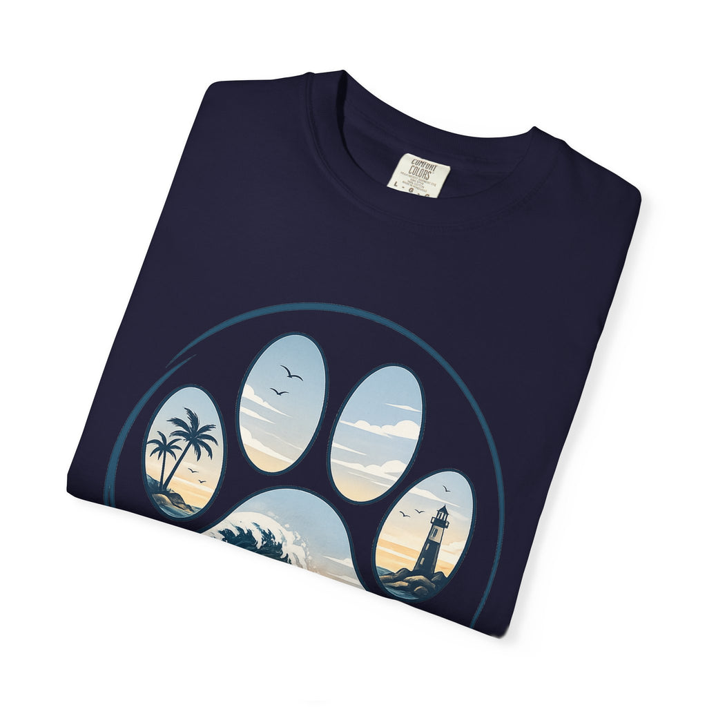 Ocean Paw Surf T-Shirt — Beach Sunset Paw Print Tee