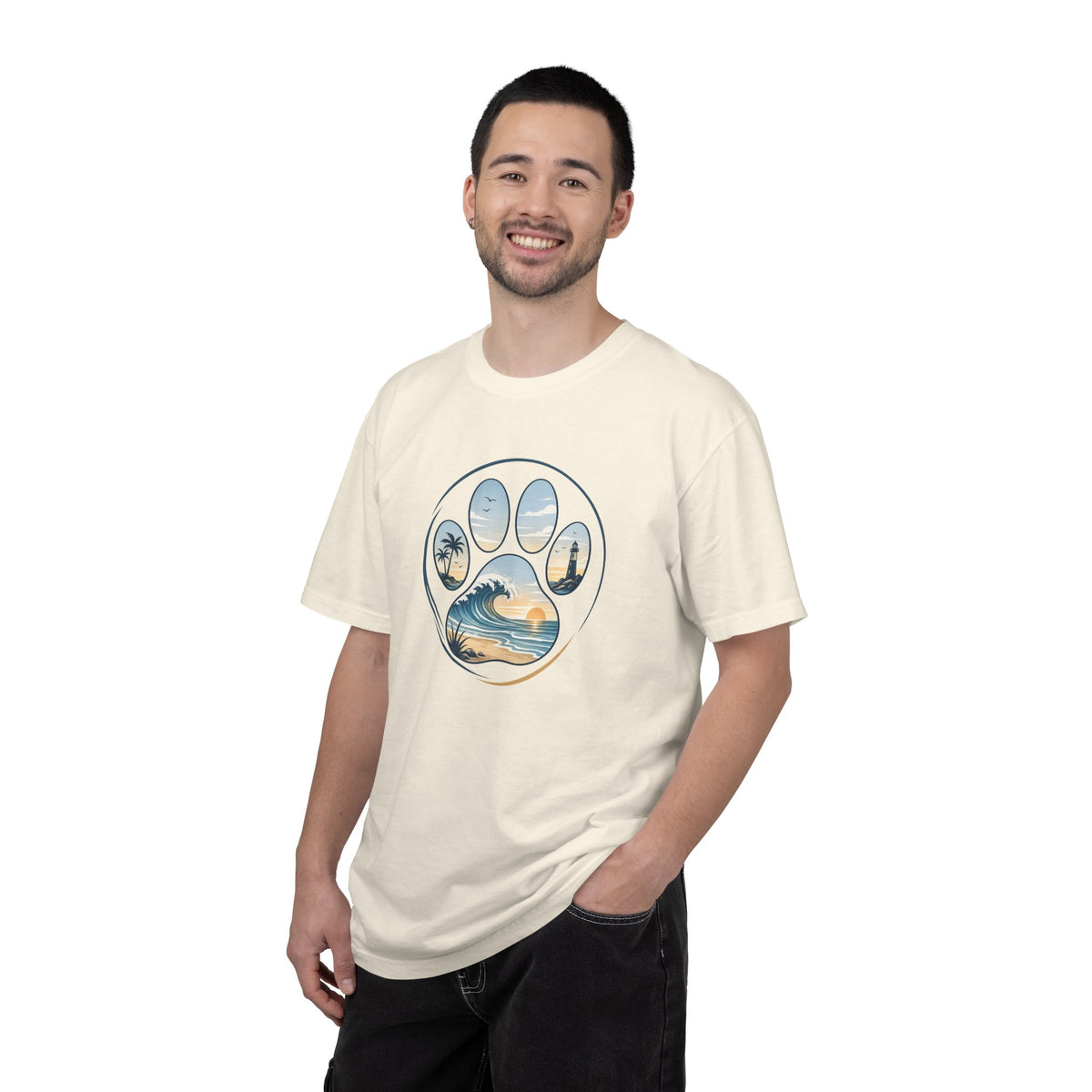 Ocean Paw Surf T-Shirt — Beach Sunset Paw Print Tee
