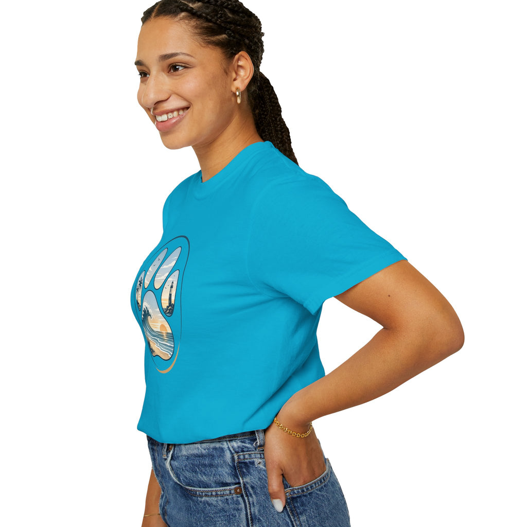 Ocean Paw Surf T-Shirt — Beach Sunset Paw Print Tee