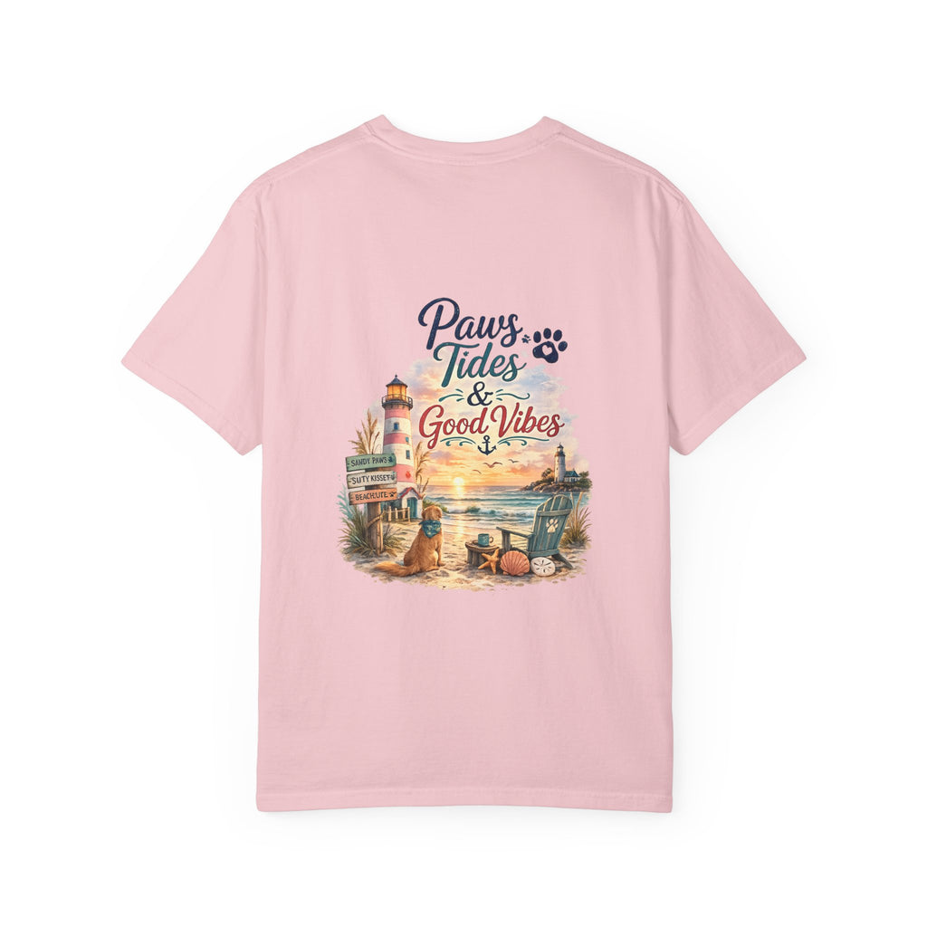Paws Tides & Good Vibes T-Shirt | Beach Dog Paw Print Coastal Scene
