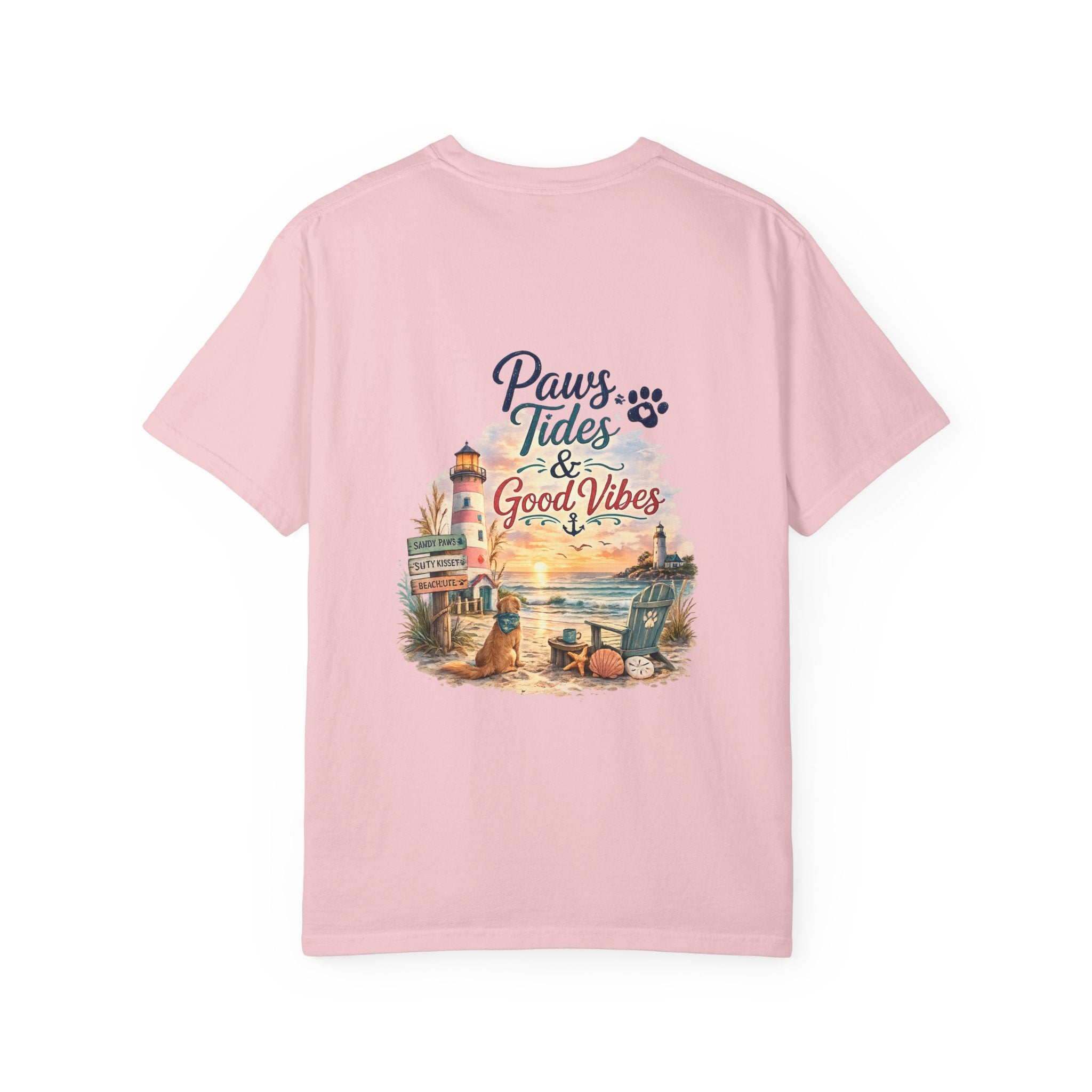 Paws Tides & Good Vibes T-Shirt | Beach Dog Paw Print Coastal Scene