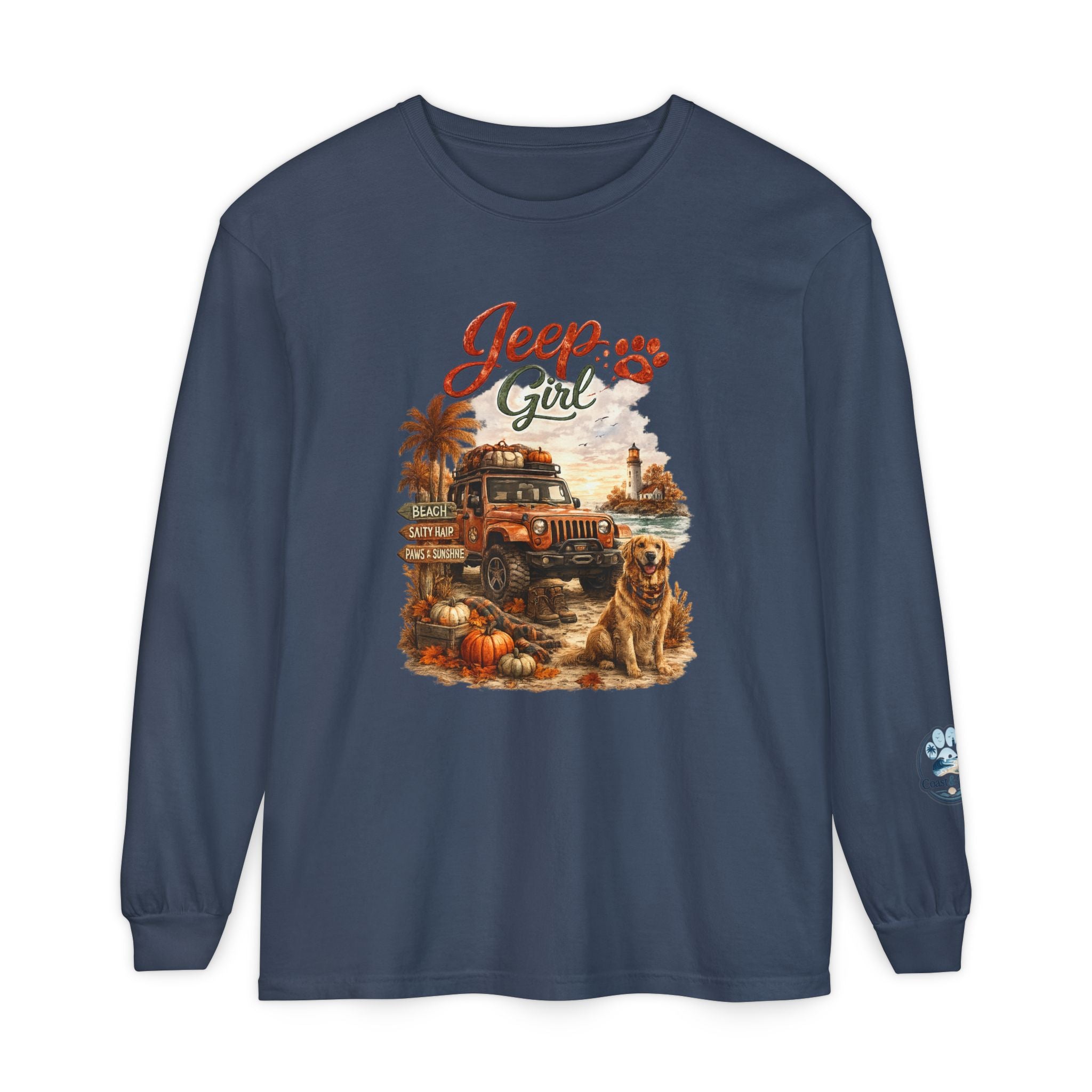 Jeep Girl Long Sleeve Tee — Fall Adventure Pumpkins & Dog Graphic