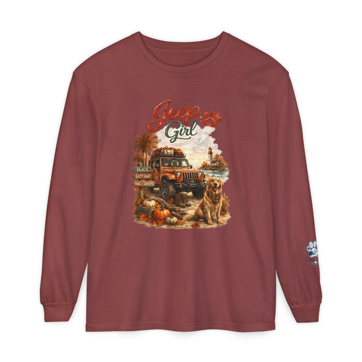 Jeep Girl Long Sleeve Tee — Fall Adventure Pumpkins & Dog Graphic