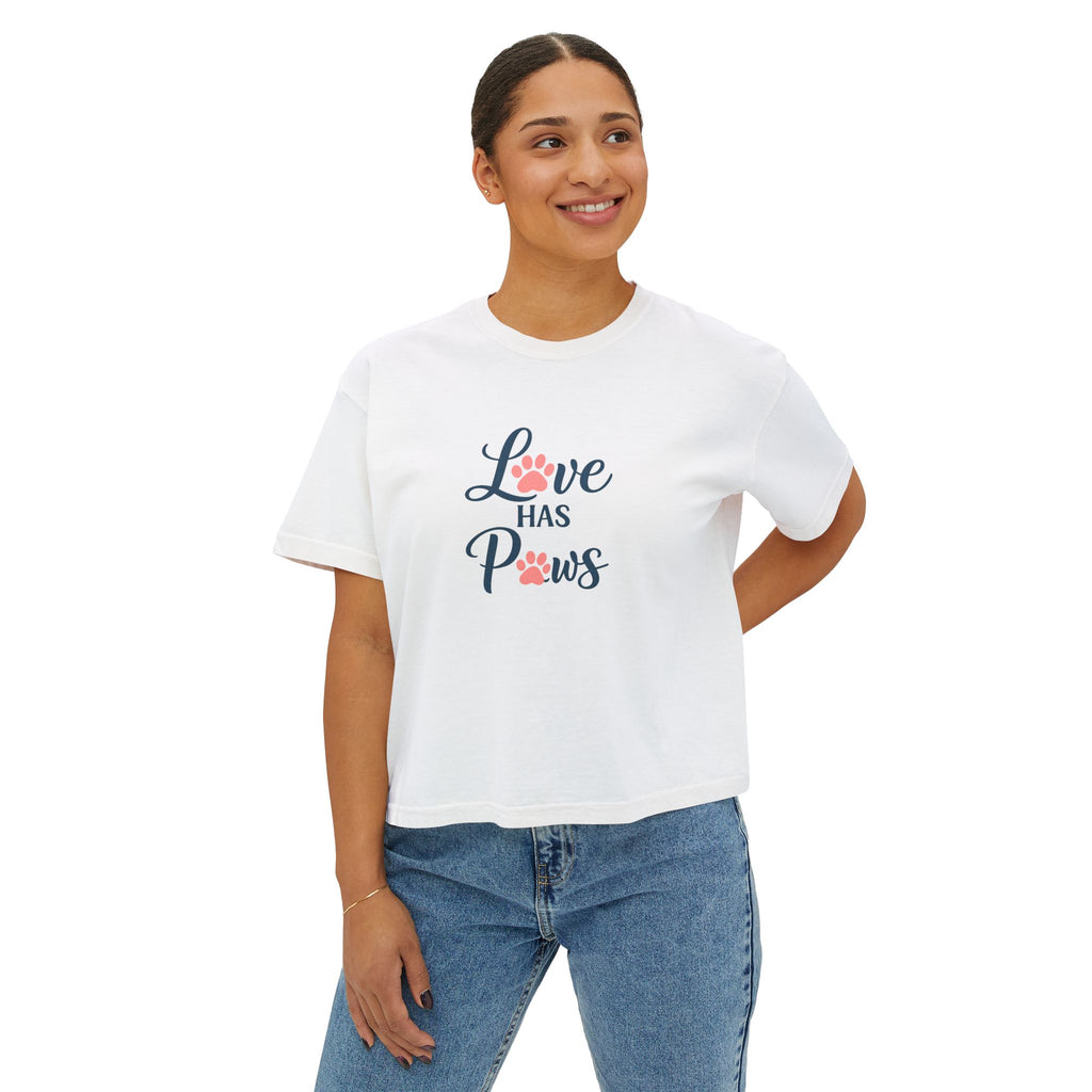 Love Has Paws Boxy Tee — Women’s Cute Cat & Dog Paw Comfort Colors Graphic Shirt