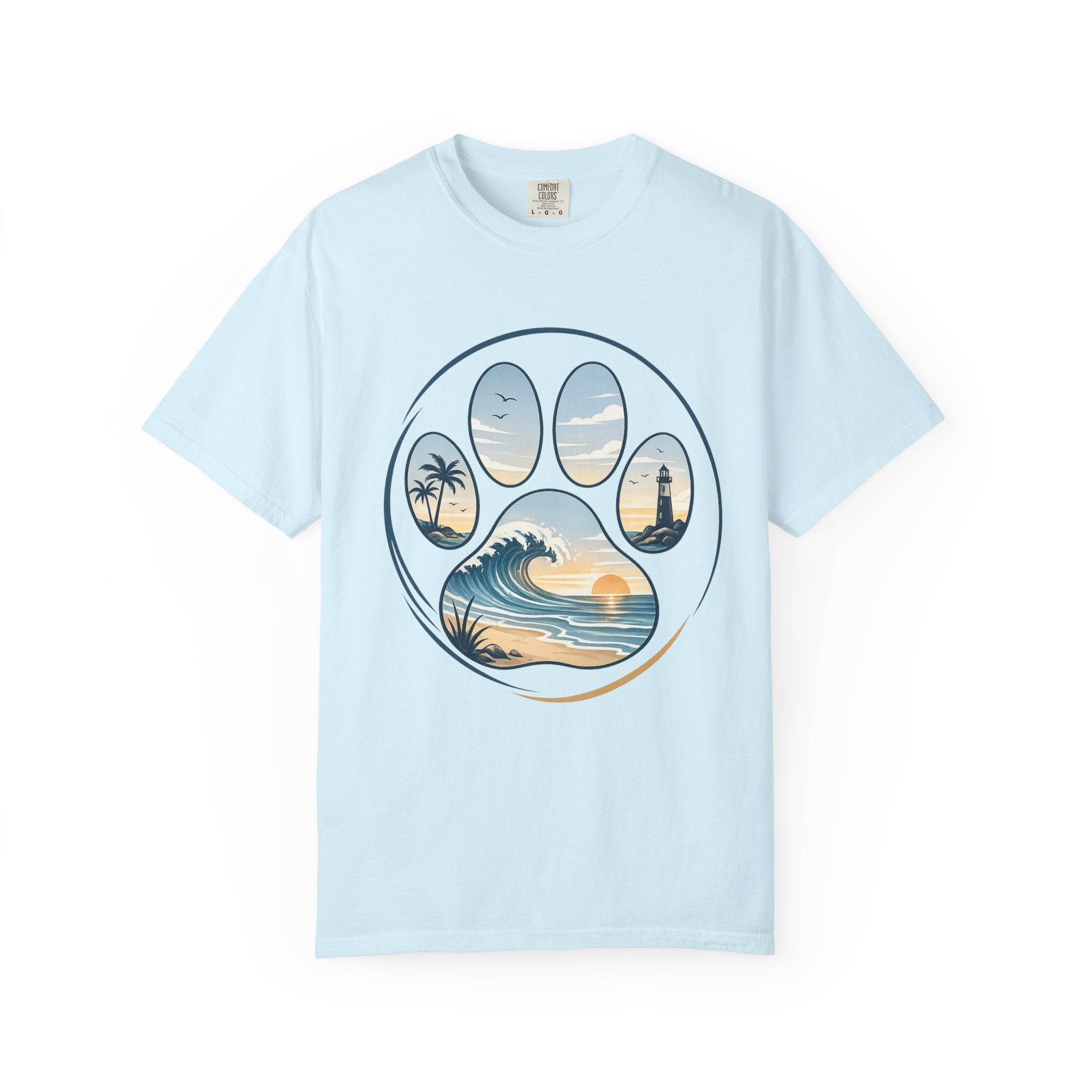 Ocean Paw Surf T-Shirt — Beach Sunset Paw Print Tee