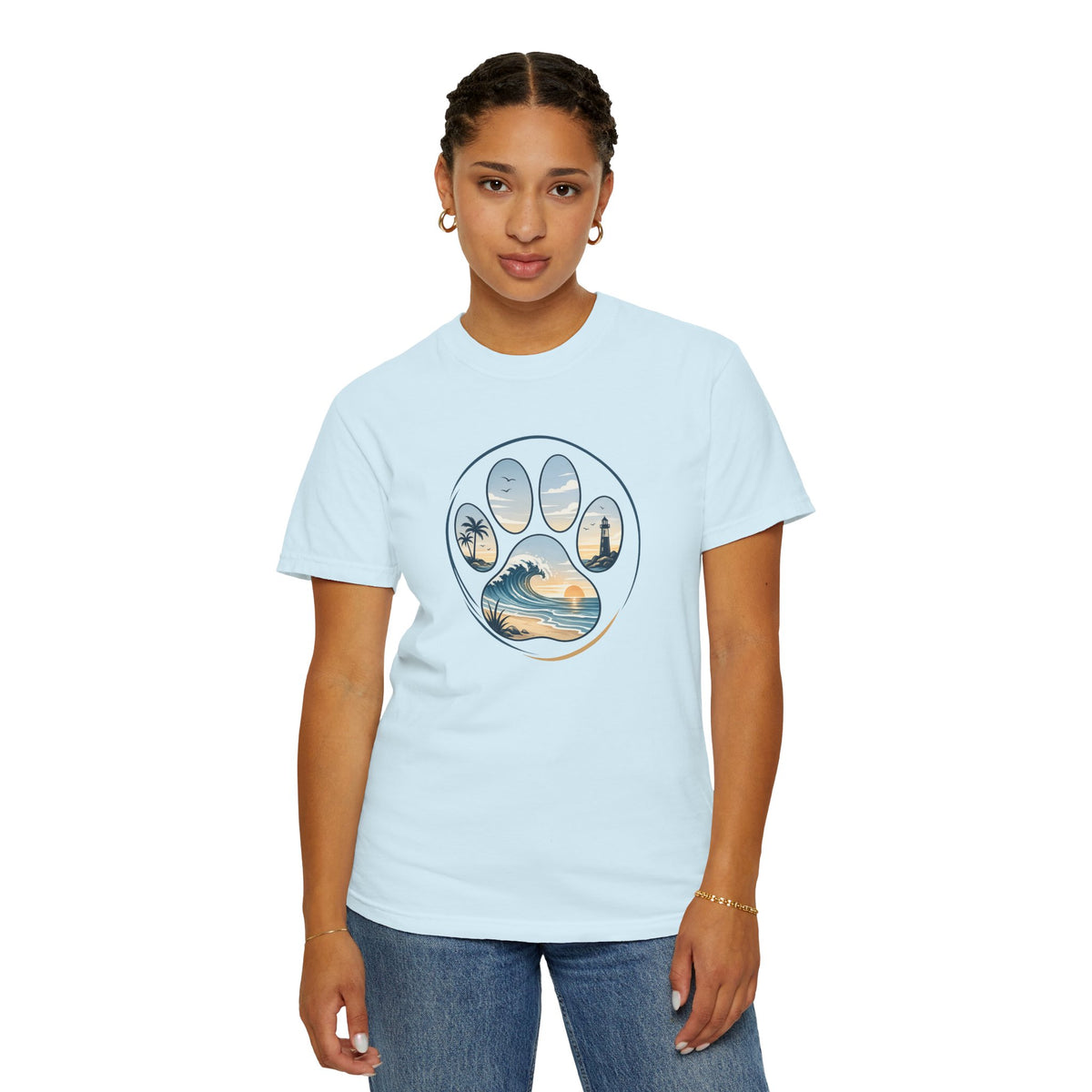 Ocean Paw Surf T-Shirt — Beach Sunset Paw Print Tee