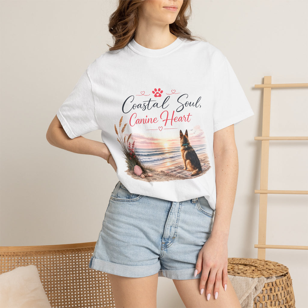 Coastal Soul Canine Heart T-shirt | Beach Dog Sunset Design