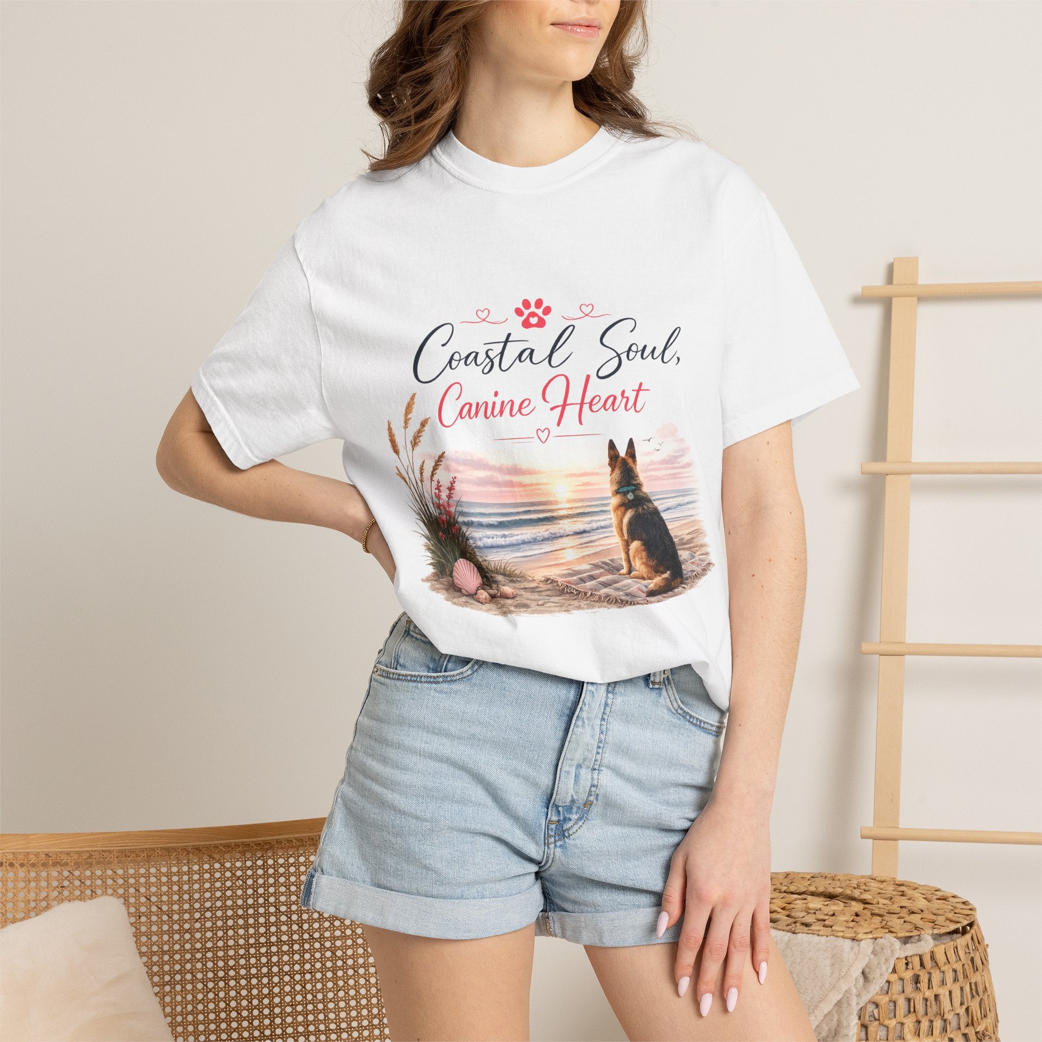 Coastal Soul Canine Heart T-shirt | Beach Dog Sunset Design