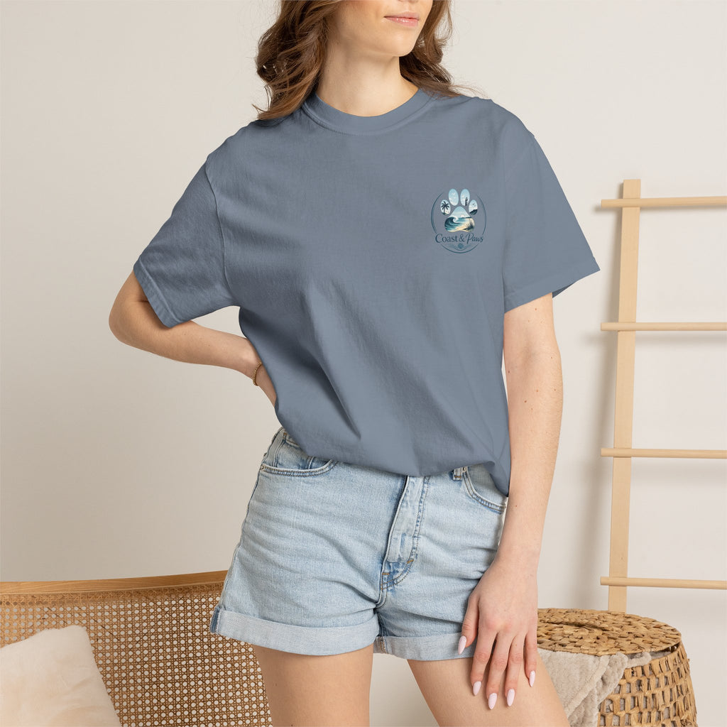 Paws Tides & Good Vibes T-Shirt | Beach Dog Paw Print Coastal Scene