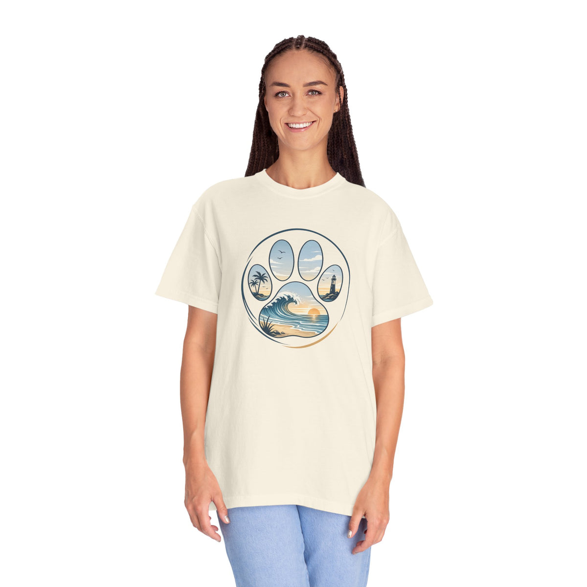 Ocean Paw Surf T-Shirt — Beach Sunset Paw Print Tee