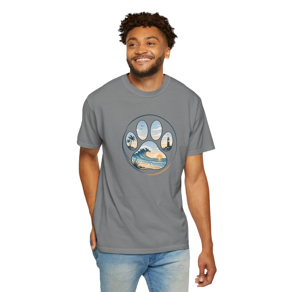 Ocean Paw Surf T-Shirt — Beach Sunset Paw Print Tee