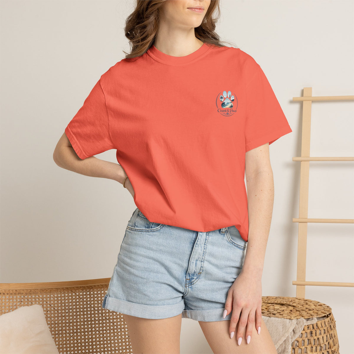 Paws Tides & Good Vibes T-Shirt | Beach Dog Paw Print Coastal Scene