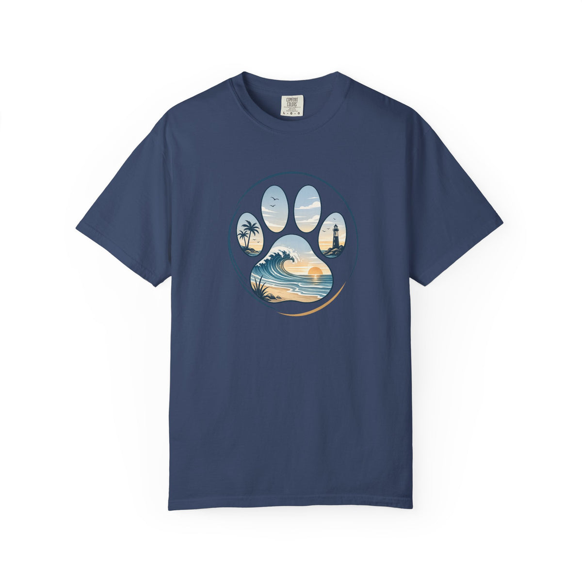 Ocean Paw Surf T-Shirt — Beach Sunset Paw Print Tee