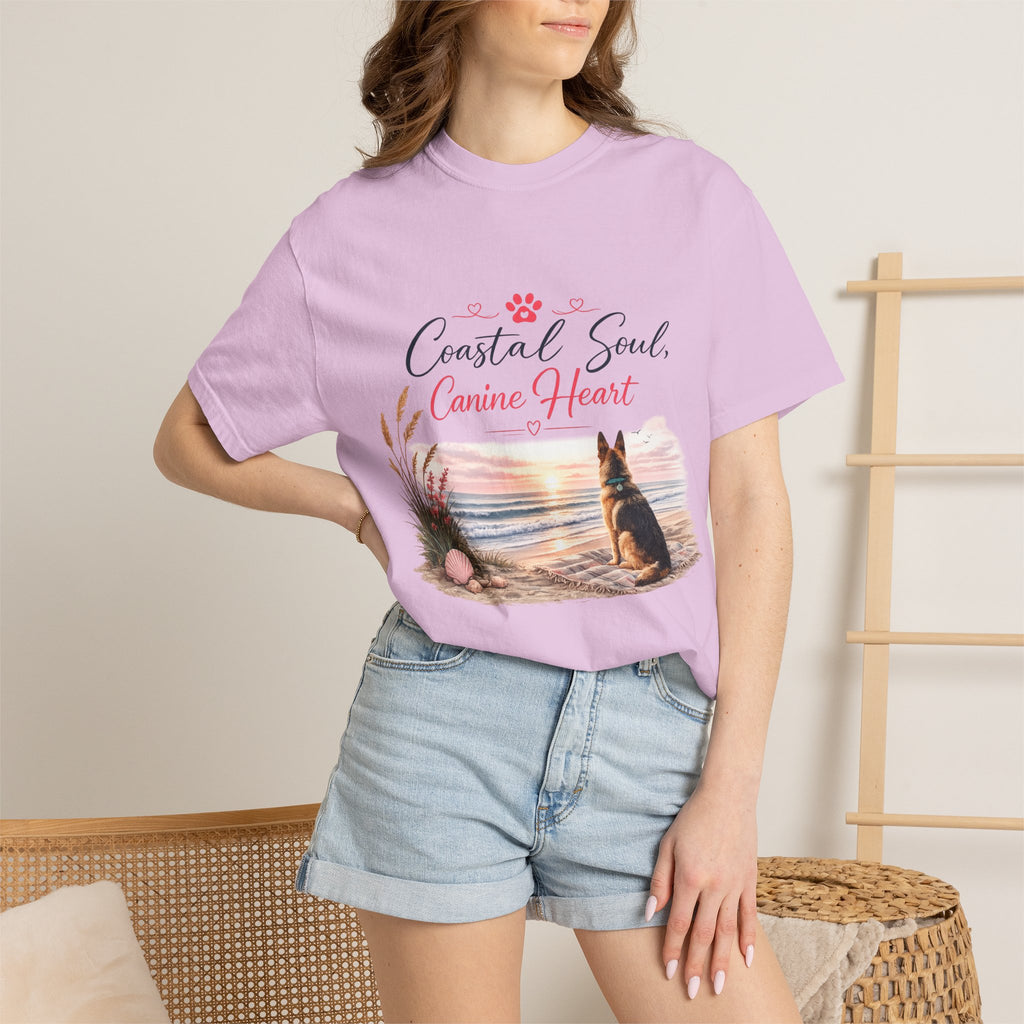 Coastal Soul Canine Heart T-shirt | Beach Dog Sunset Design