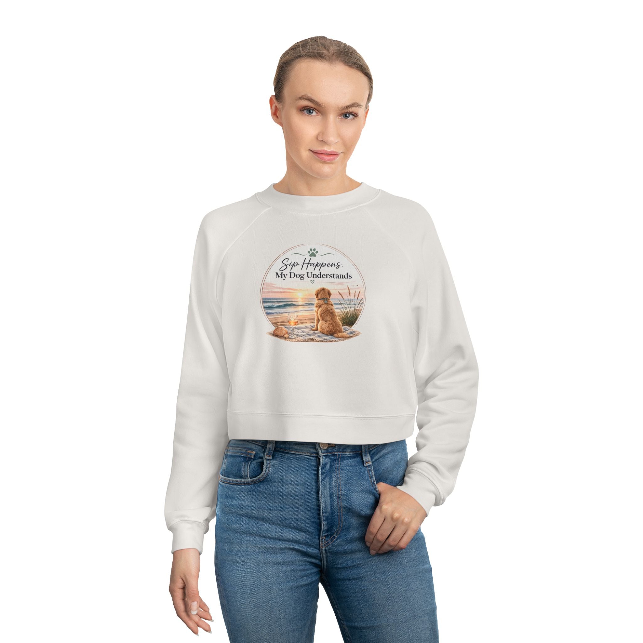 Cropped Pullover – Golden Retriever Beach "Sip Happens My Dog Understands" Graphic