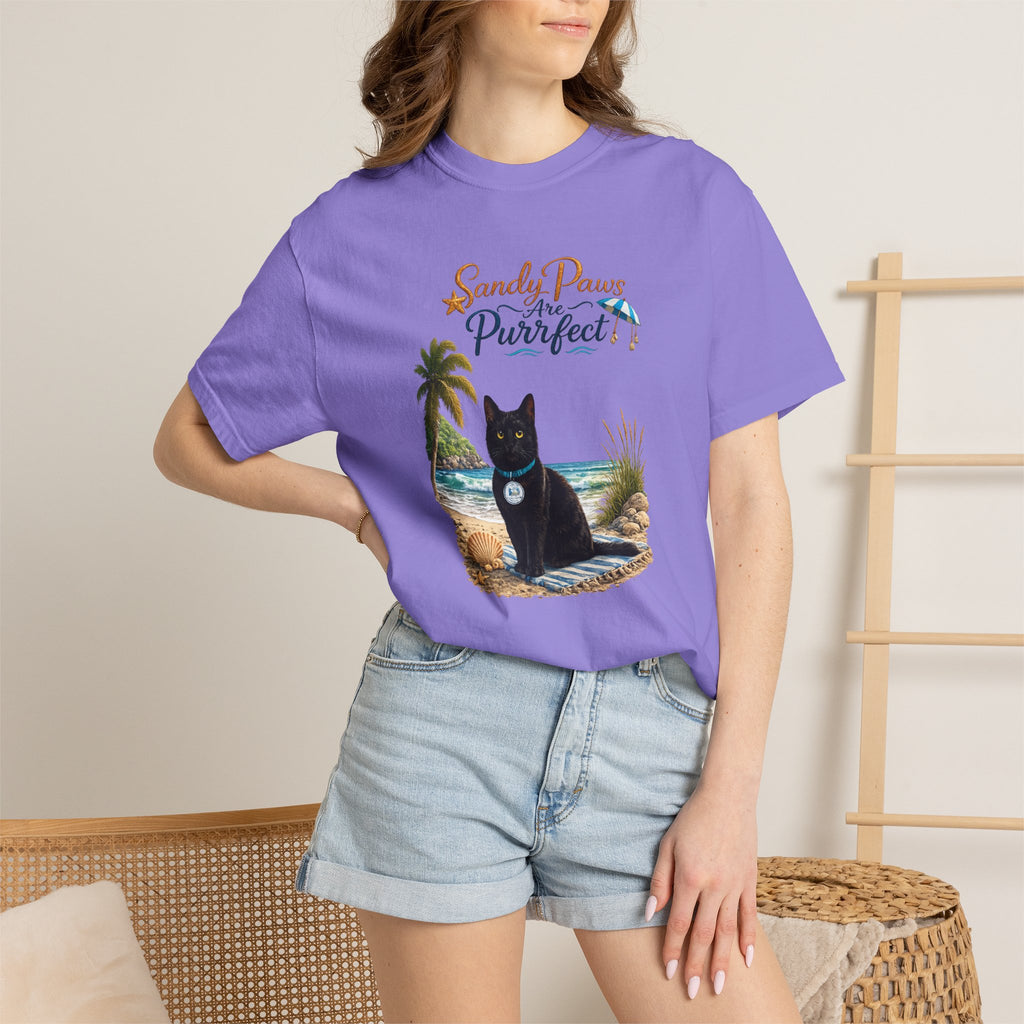 Sandy Paws Are Purrfect - Comfort Colors Unisex Garment Dyed Cat Beach T-Shirt