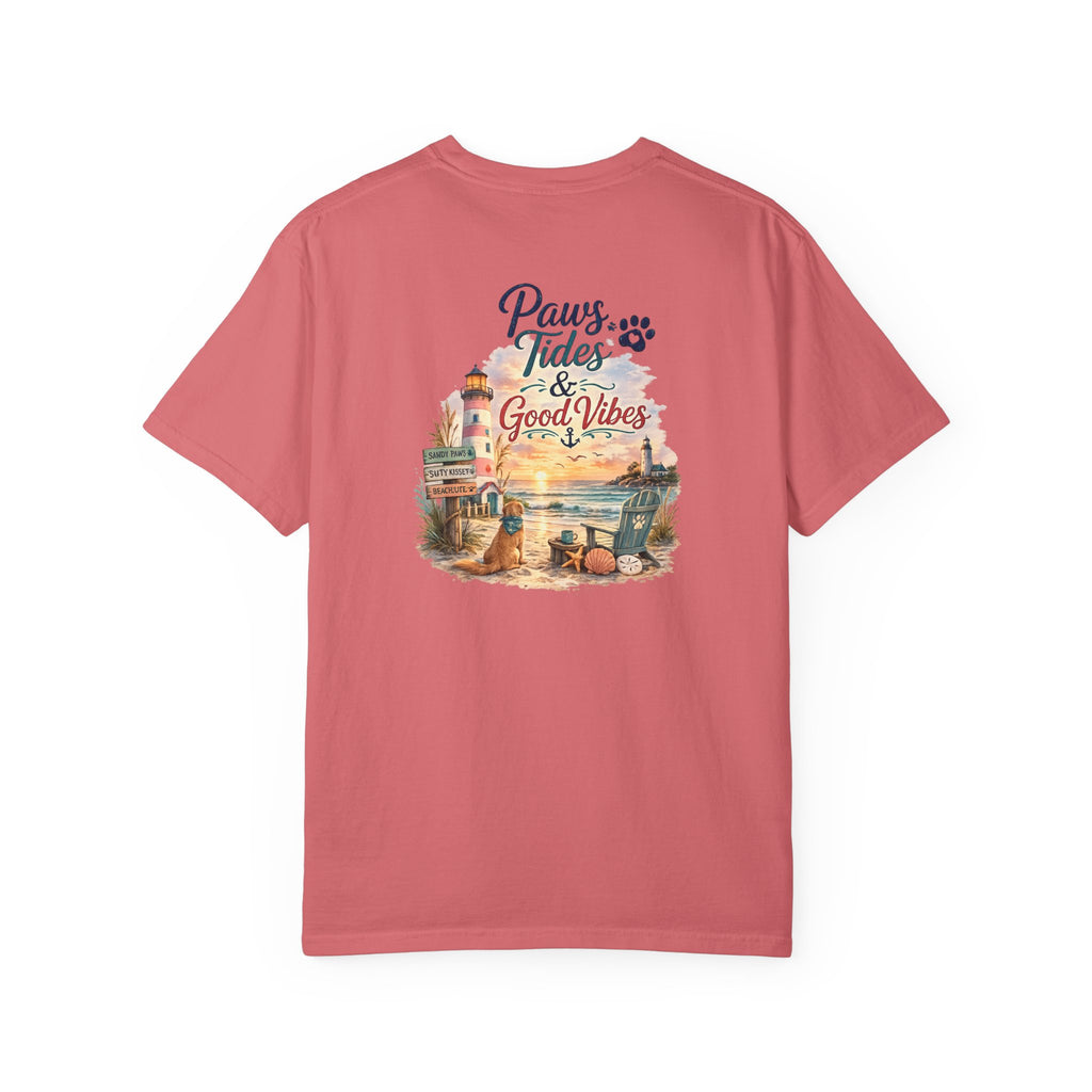 Paws Tides & Good Vibes T-Shirt | Beach Dog Paw Print Coastal Scene