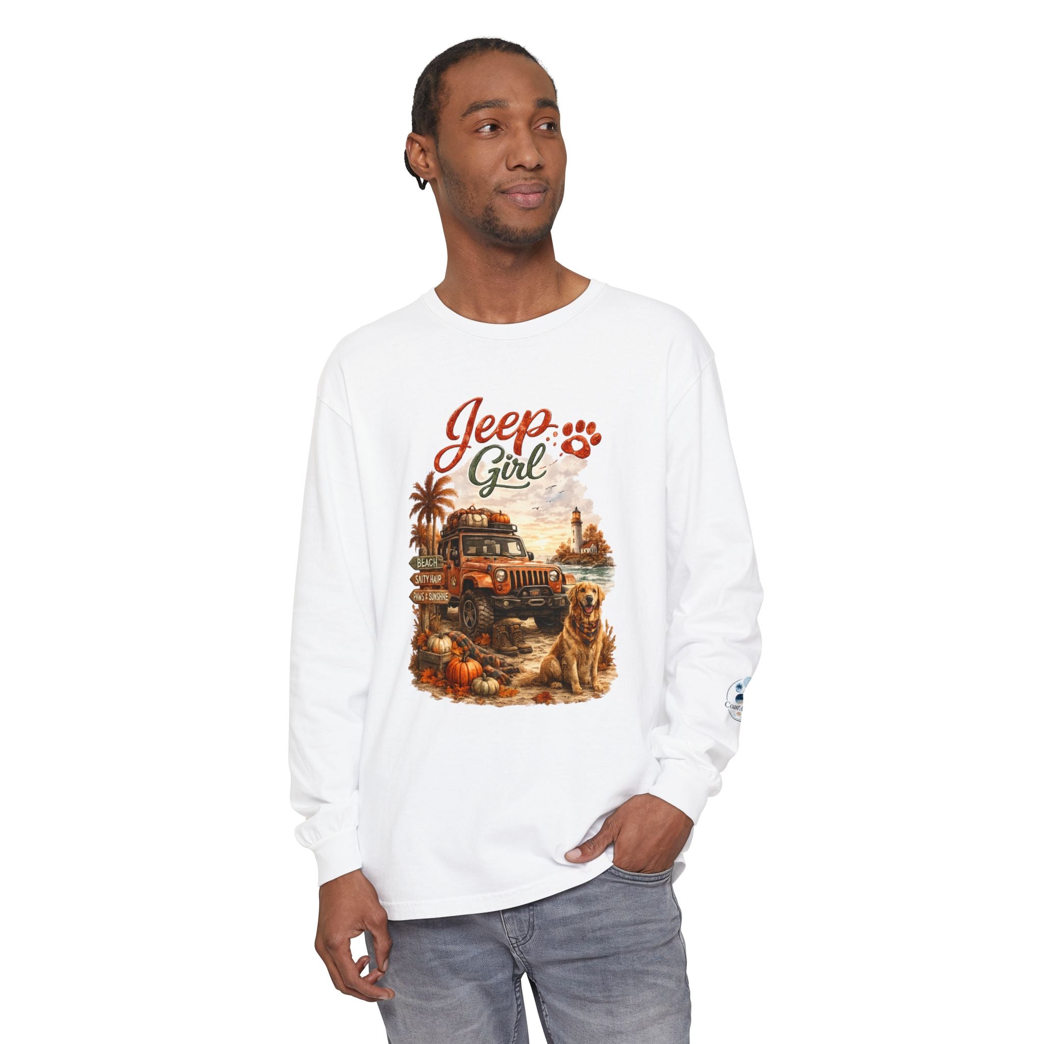Jeep Girl Long Sleeve Tee — Fall Adventure Pumpkins & Dog Graphic