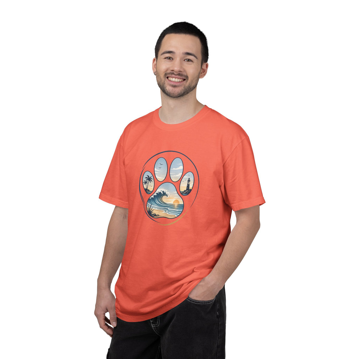 Ocean Paw Surf T-Shirt — Beach Sunset Paw Print Tee
