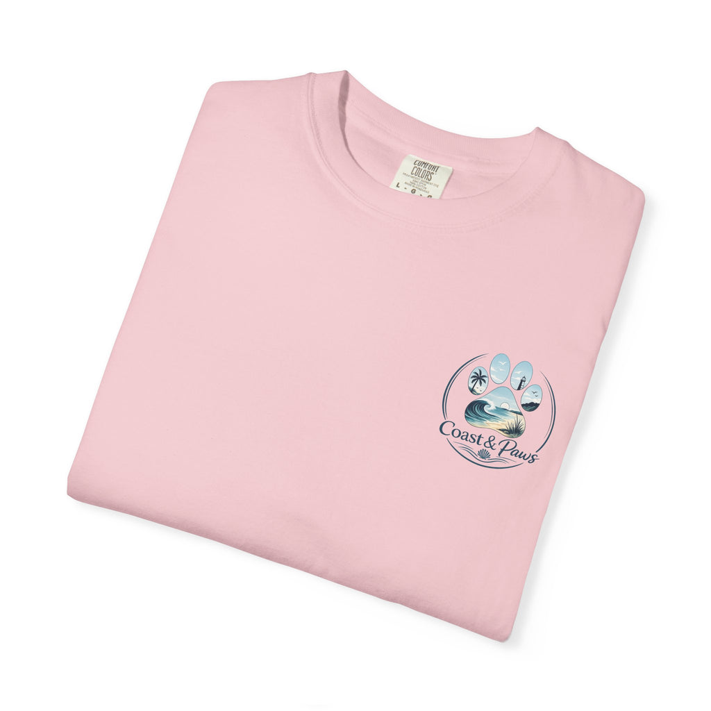 Paws Tides & Good Vibes T-Shirt | Beach Dog Paw Print Coastal Scene