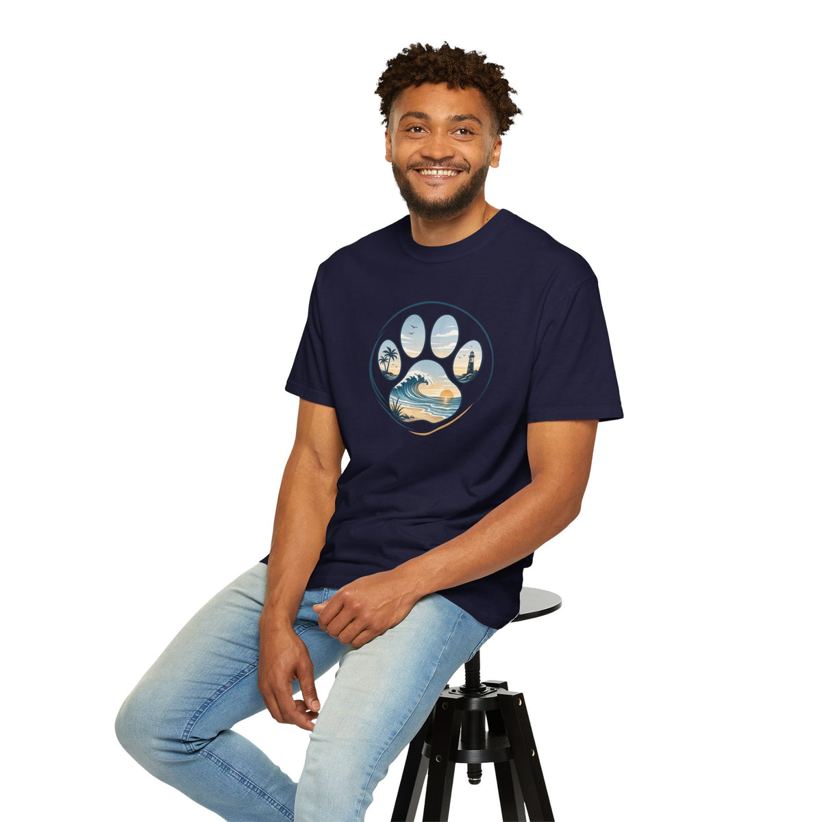 Ocean Paw Surf T-Shirt — Beach Sunset Paw Print Tee