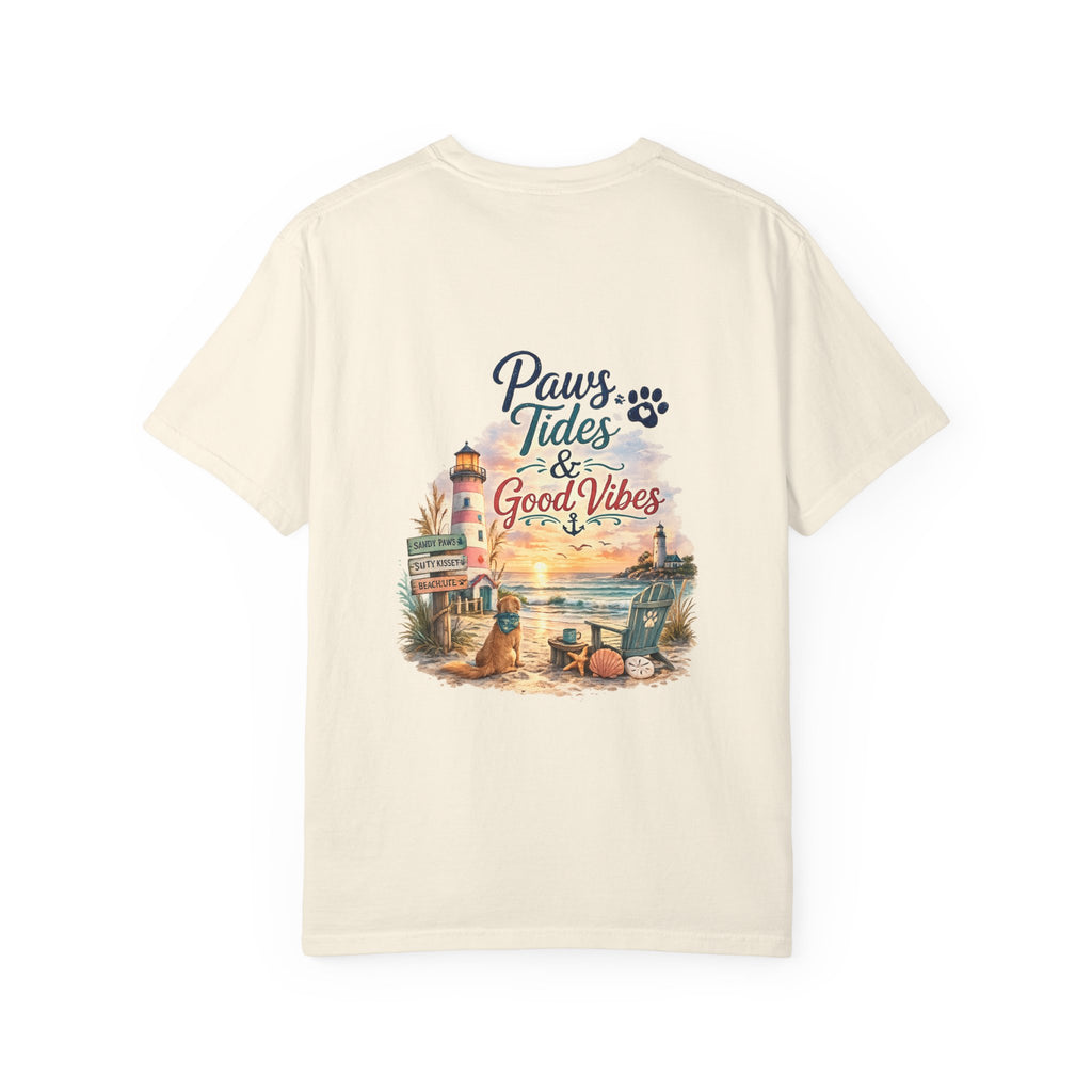 Paws Tides & Good Vibes T-Shirt | Beach Dog Paw Print Coastal Scene