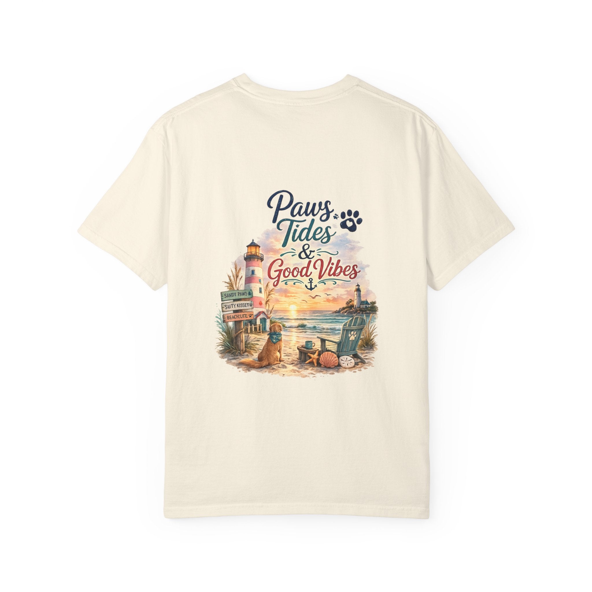 Paws Tides & Good Vibes T-Shirt | Beach Dog Paw Print Coastal Scene