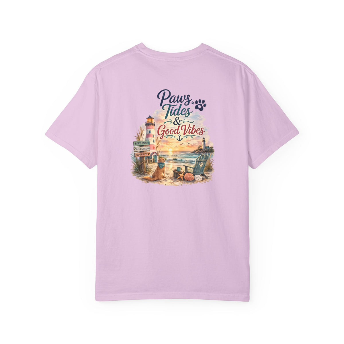 Paws Tides & Good Vibes T-Shirt | Beach Dog Paw Print Coastal Scene