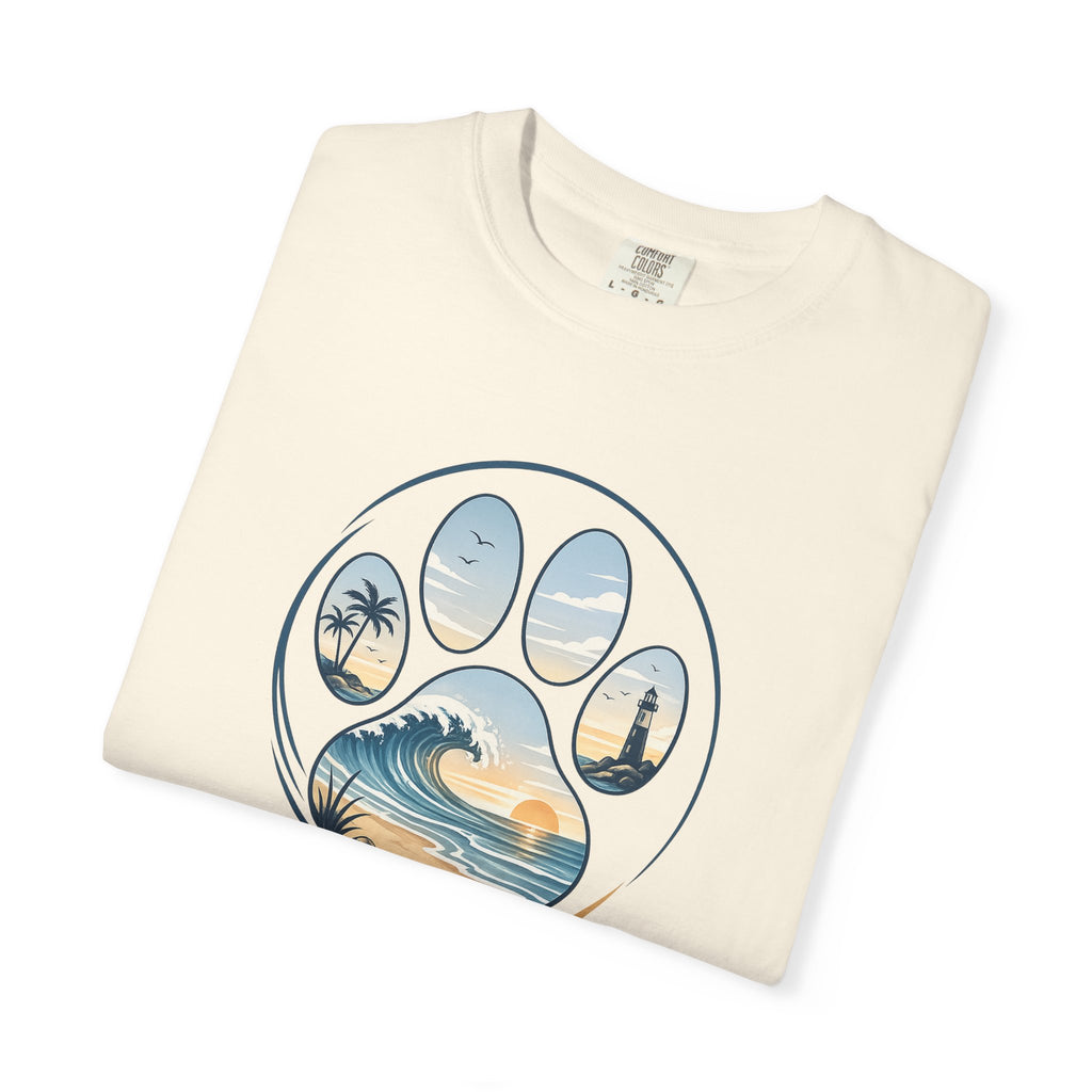 Ocean Paw Surf T-Shirt — Beach Sunset Paw Print Tee