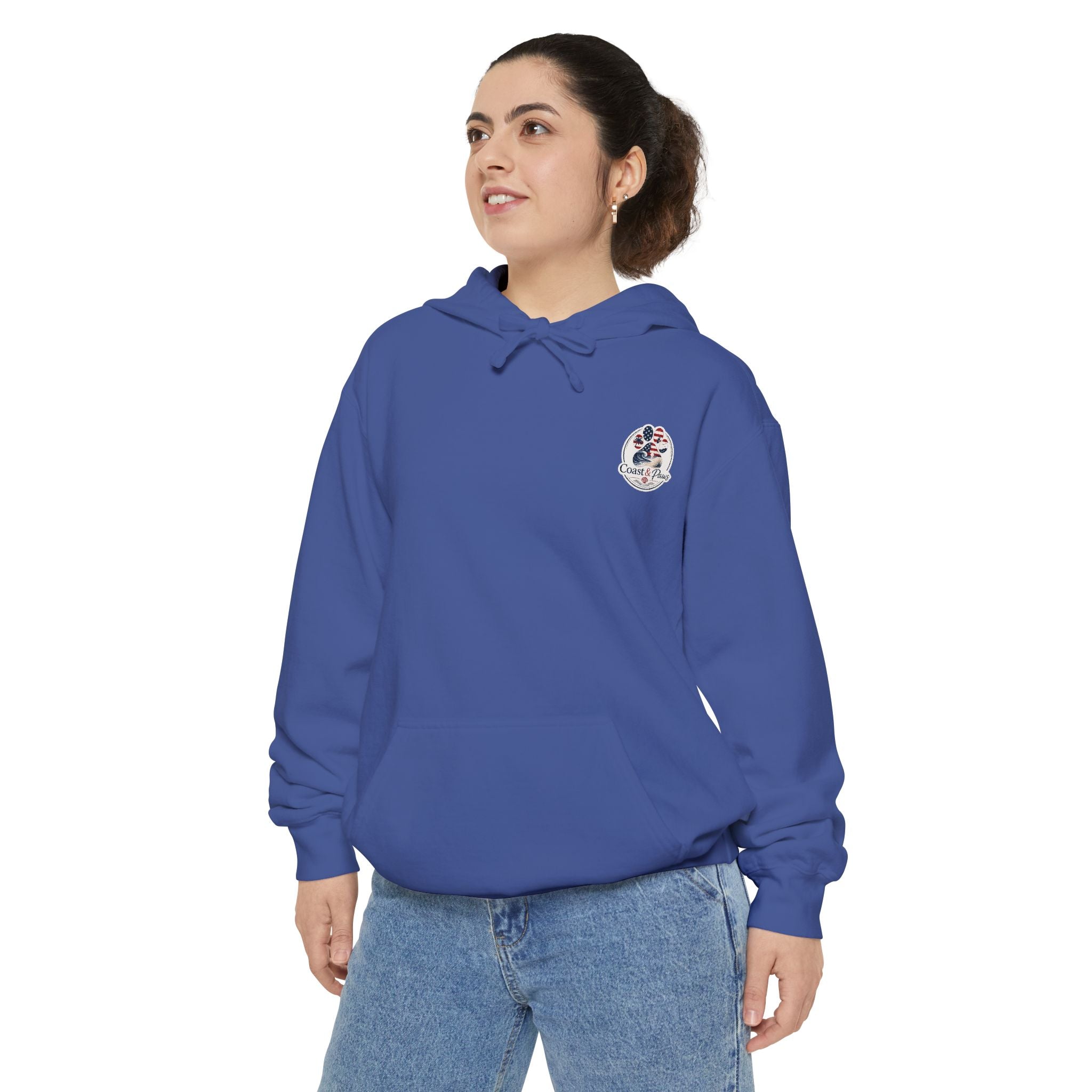 Patriotic Signature Coast & Paws Hoodie — Small Left-Chest Graphic, Cozy Casual Pullover