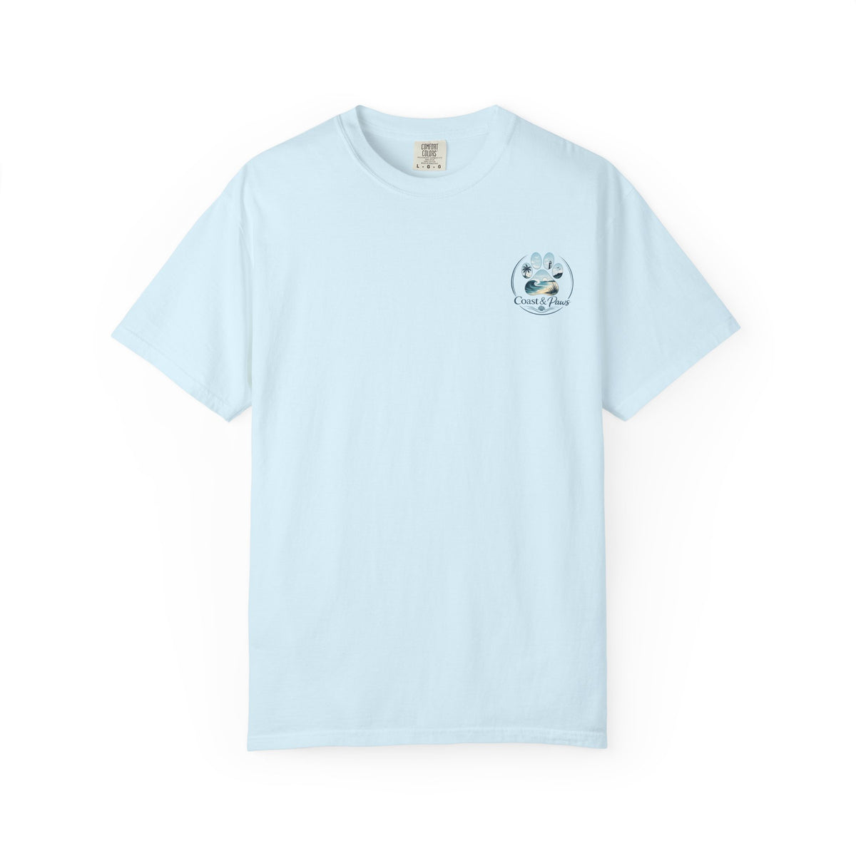 Paws Tides & Good Vibes T-Shirt | Beach Dog Paw Print Coastal Scene