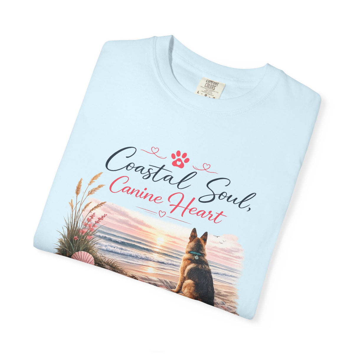 Coastal Soul Canine Heart T-shirt | Beach Dog Sunset Design