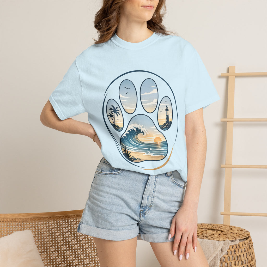 Ocean Paw Surf T-Shirt — Beach Sunset Paw Print Tee